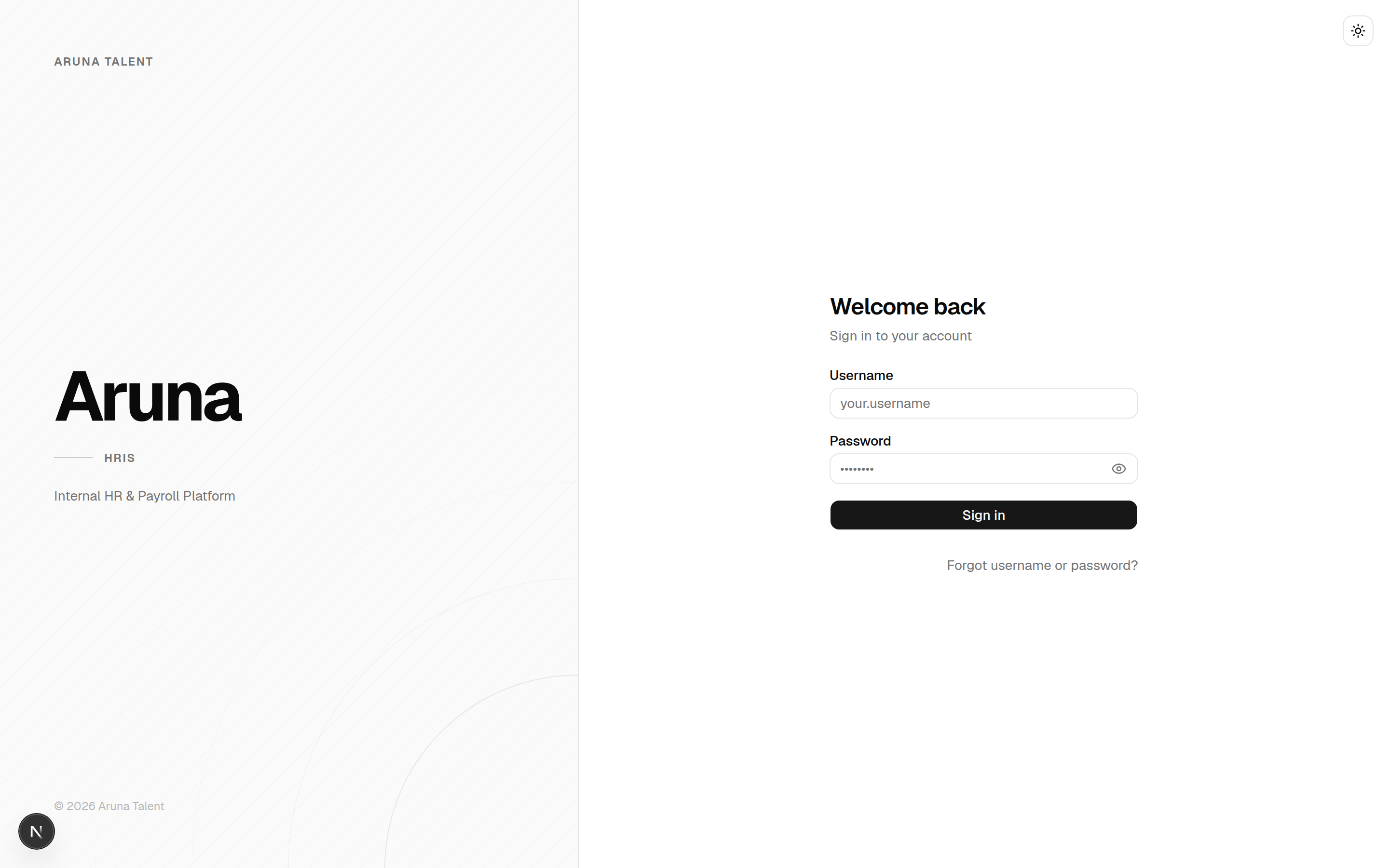 The HRIS login screen: username and password on the right, brand panel on the left.
