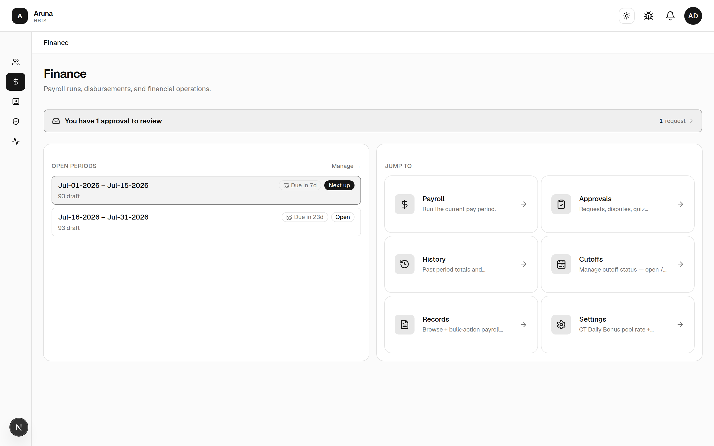 An authenticated landing page showing the left nav and the module's home cards.