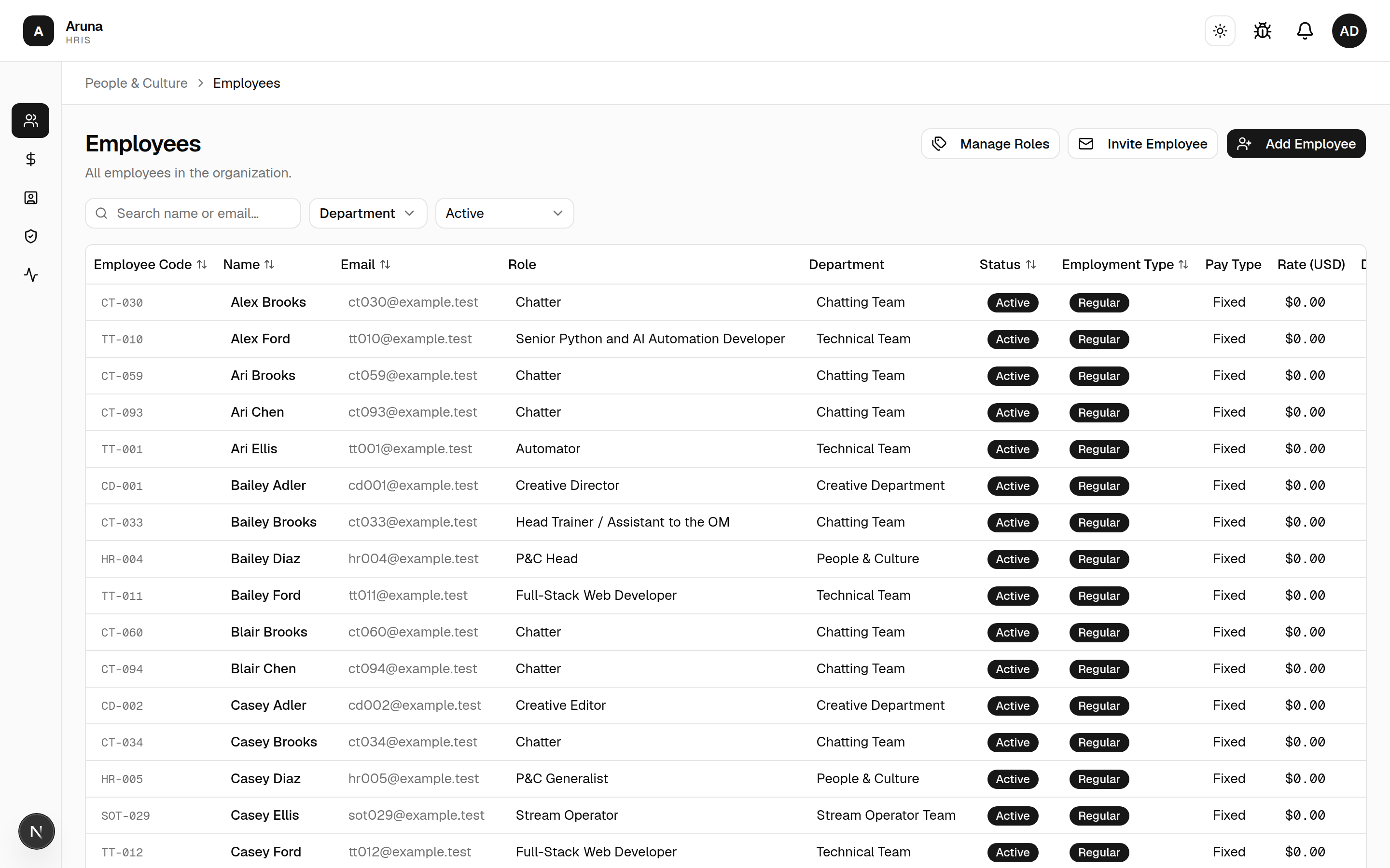 Employees list: search + Department + Active filters, and a table of code, name, email, role, department, status, and employment type.