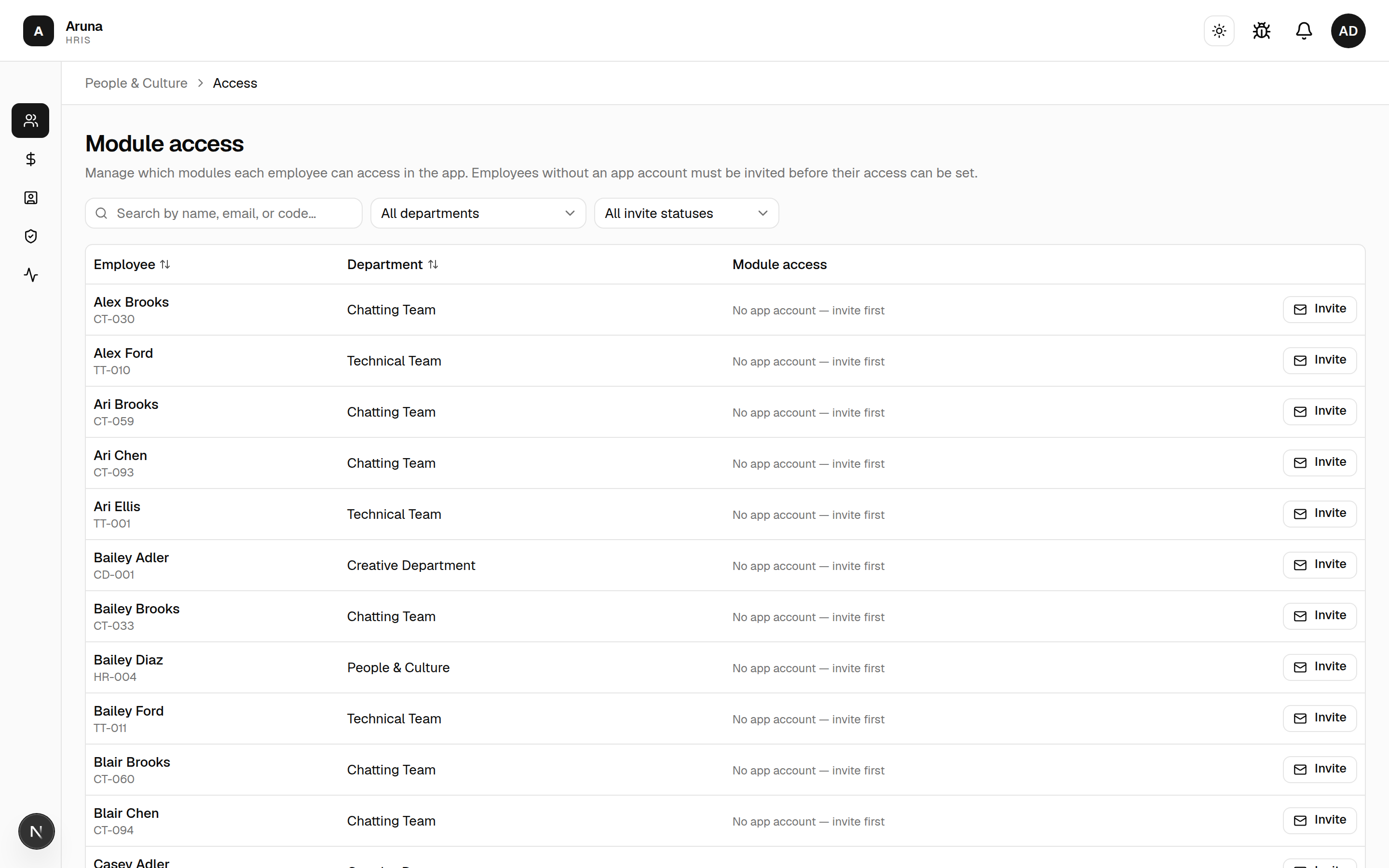 Module access: search + department + invite-status filters, and per-employee module access with an Invite action.