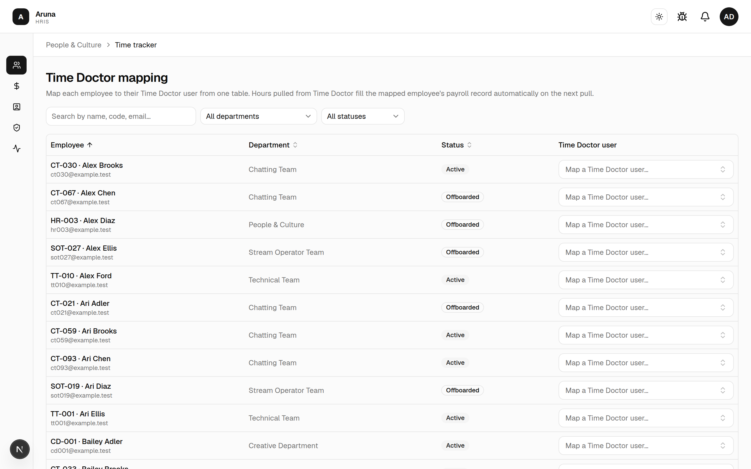 Time Doctor mapping: one row per employee with a "Map a Time Doctor user" dropdown.