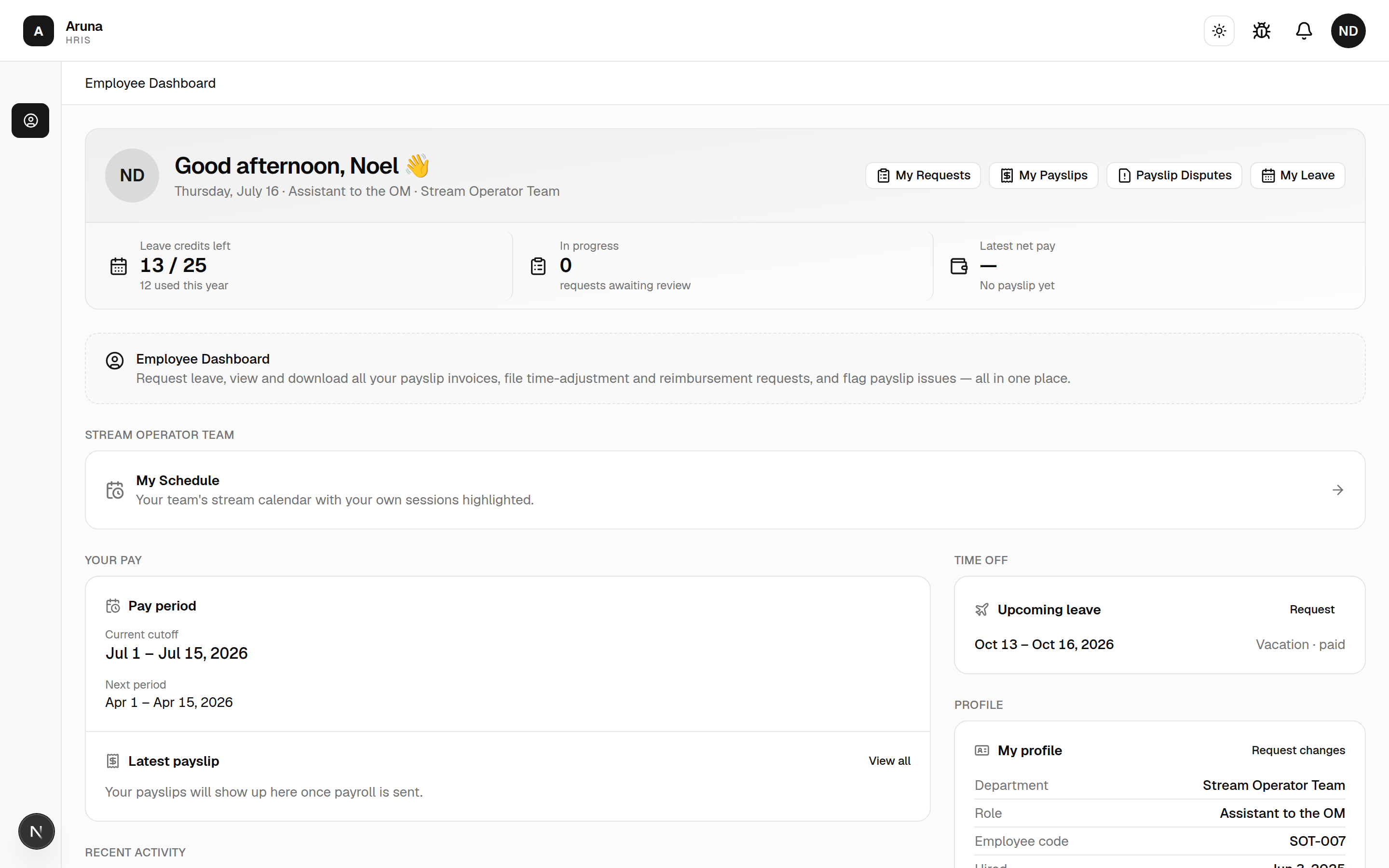The employee dashboard home: greeting, quick actions, leave/requests/net-pay stats, pay period, upcoming leave, and profile summary.