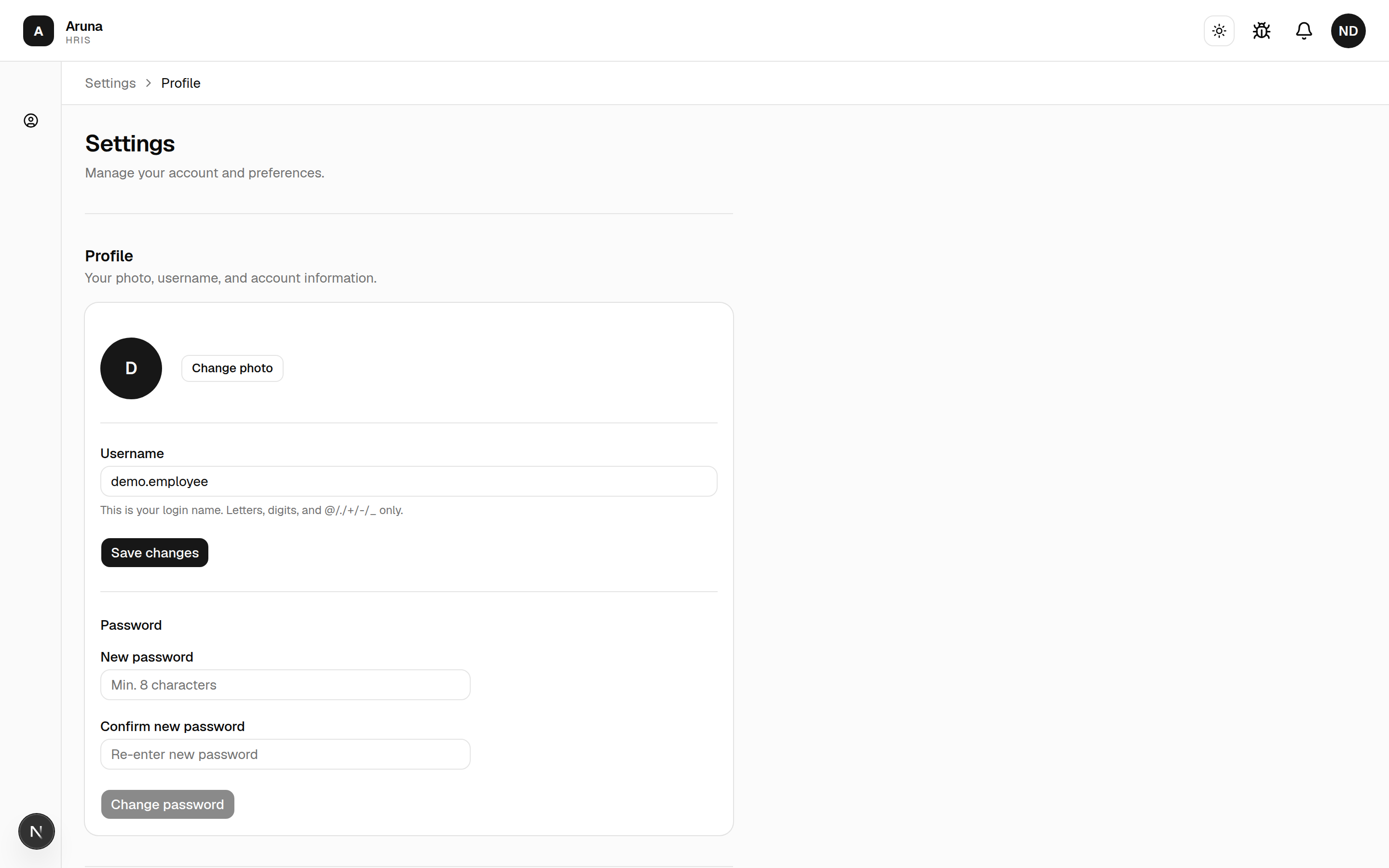 Settings › Profile: change photo, username field, and the change-password fields.