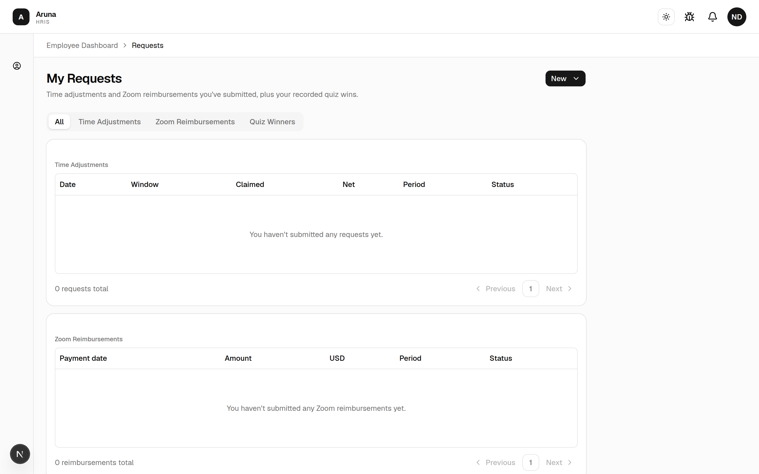 My Requests: All / Time Adjustments / Zoom Reimbursements / Quiz Winners tabs, with a New button.