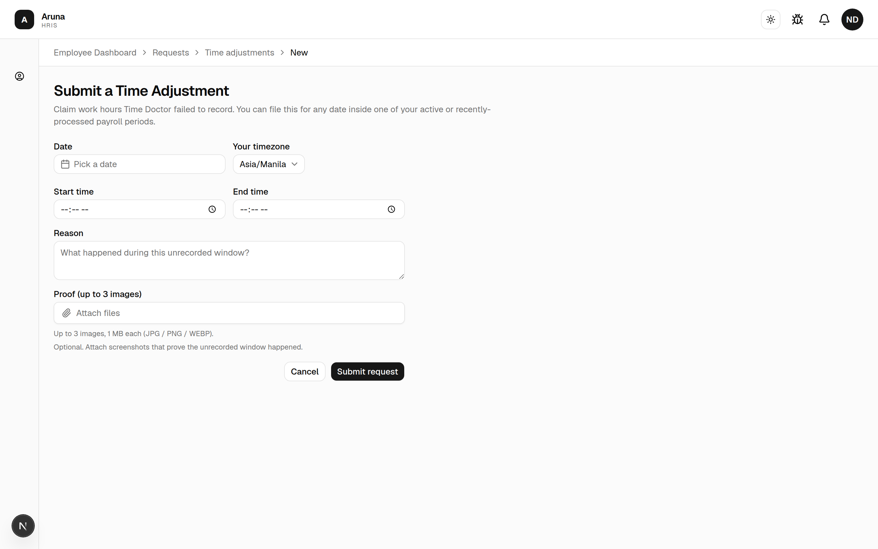 Submit a Time Adjustment form: date, timezone, start/end time, reason, and proof upload.
