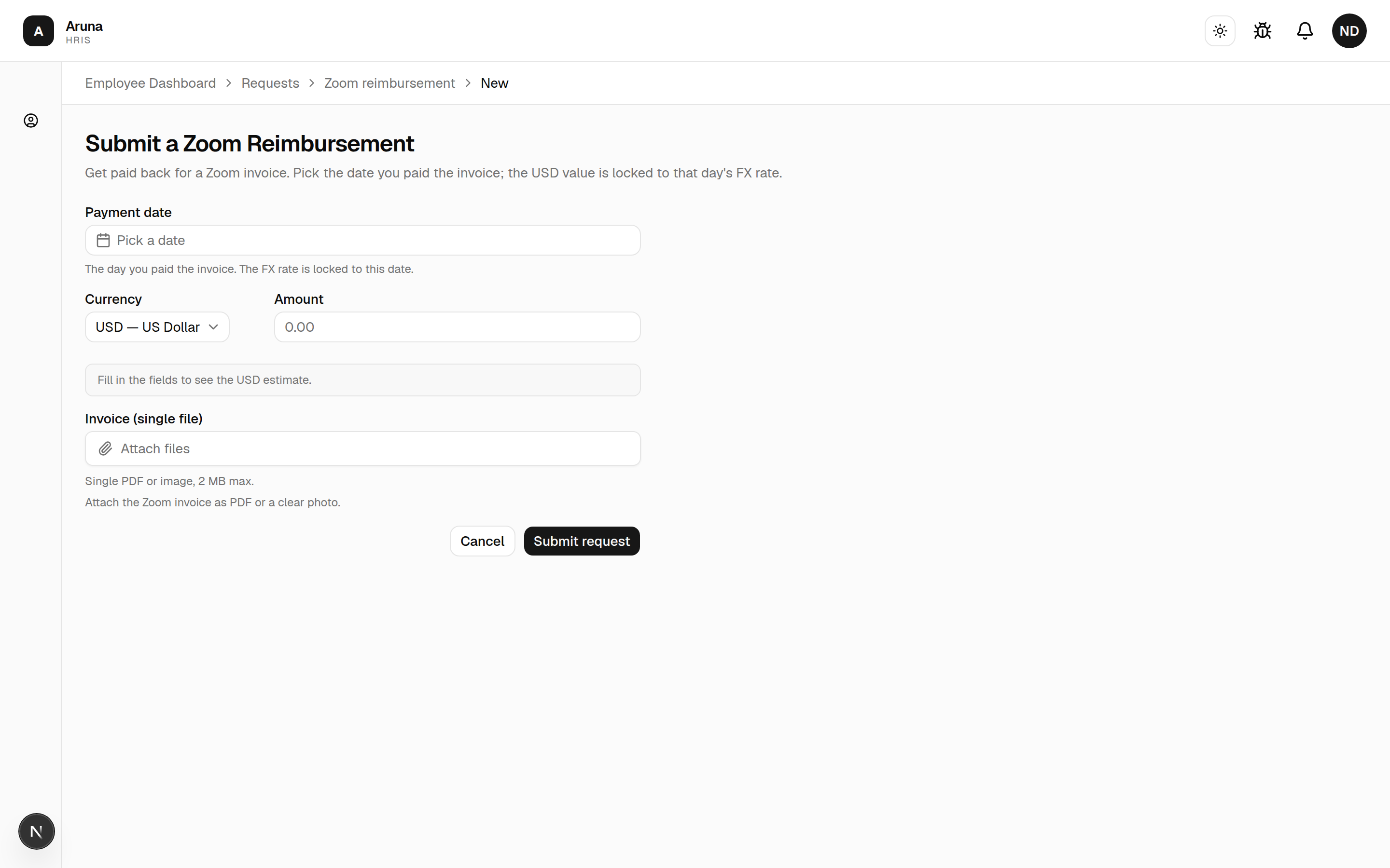 Submit a Zoom Reimbursement form: payment date, currency, amount, live USD estimate, and single-file invoice upload.