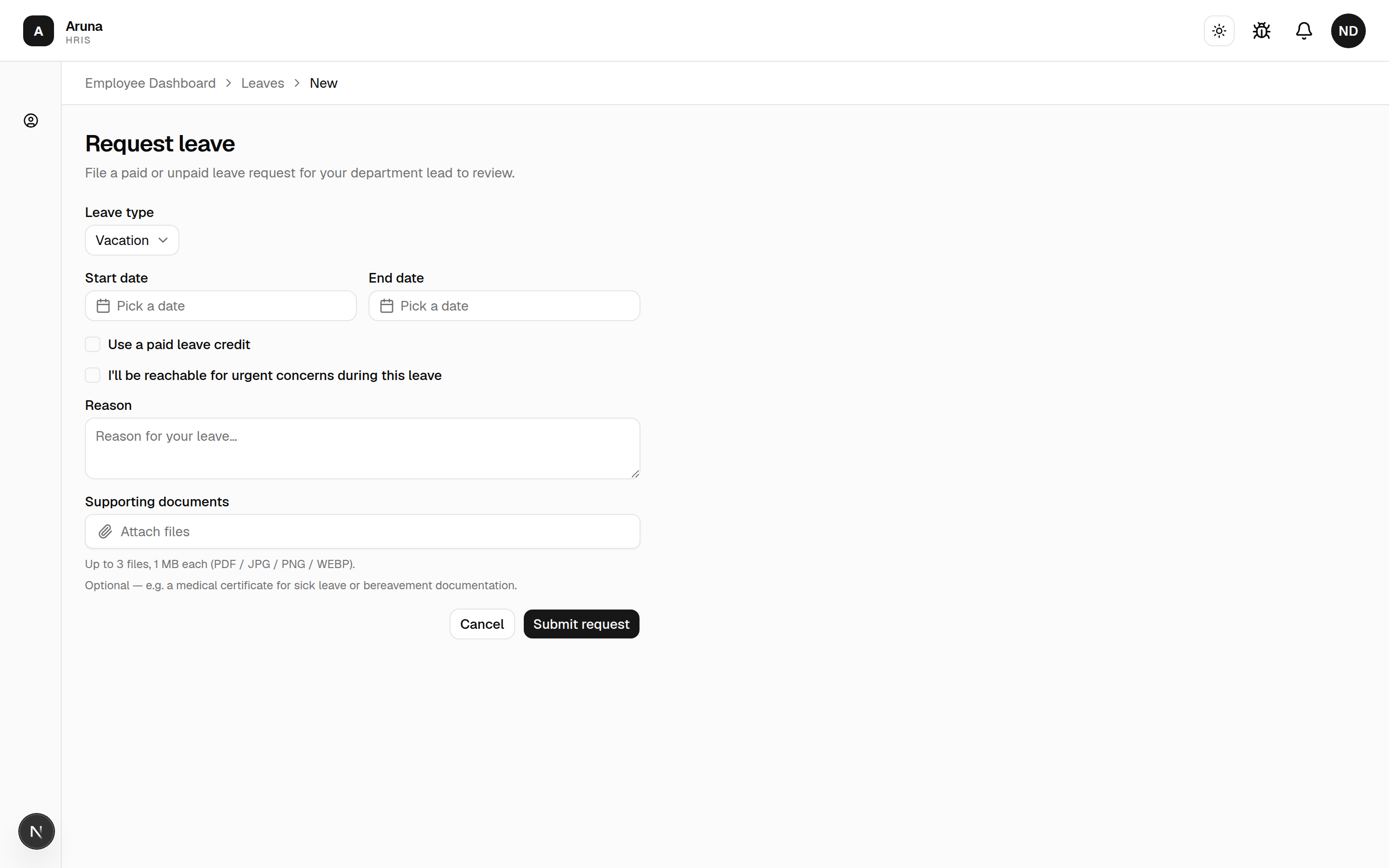 Request leave form: leave type, start/end dates, paid-credit and reachable checkboxes, reason, and optional documents.