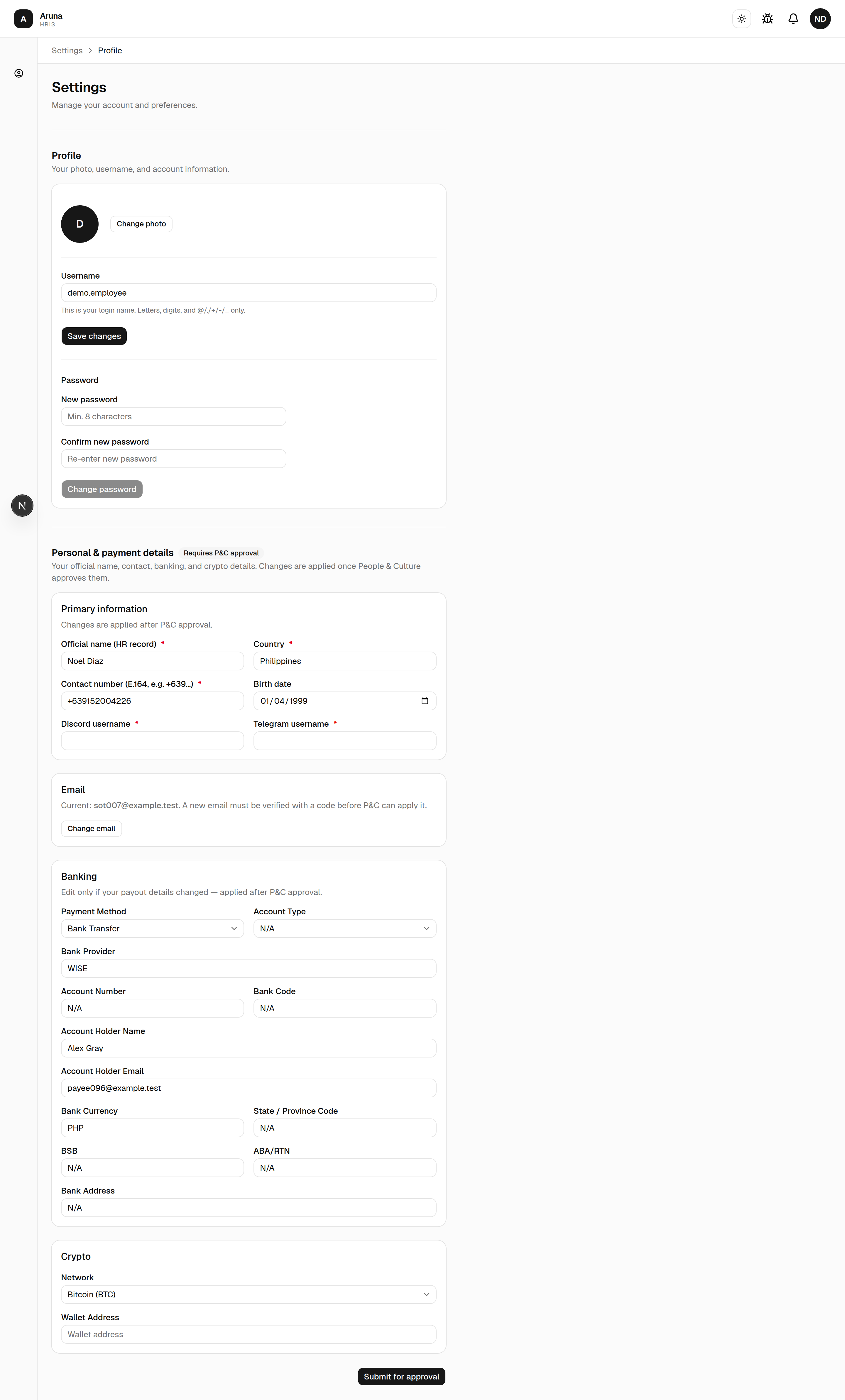 Settings — Personal & payment details: primary info, email, banking, and crypto with "Submit for approval".