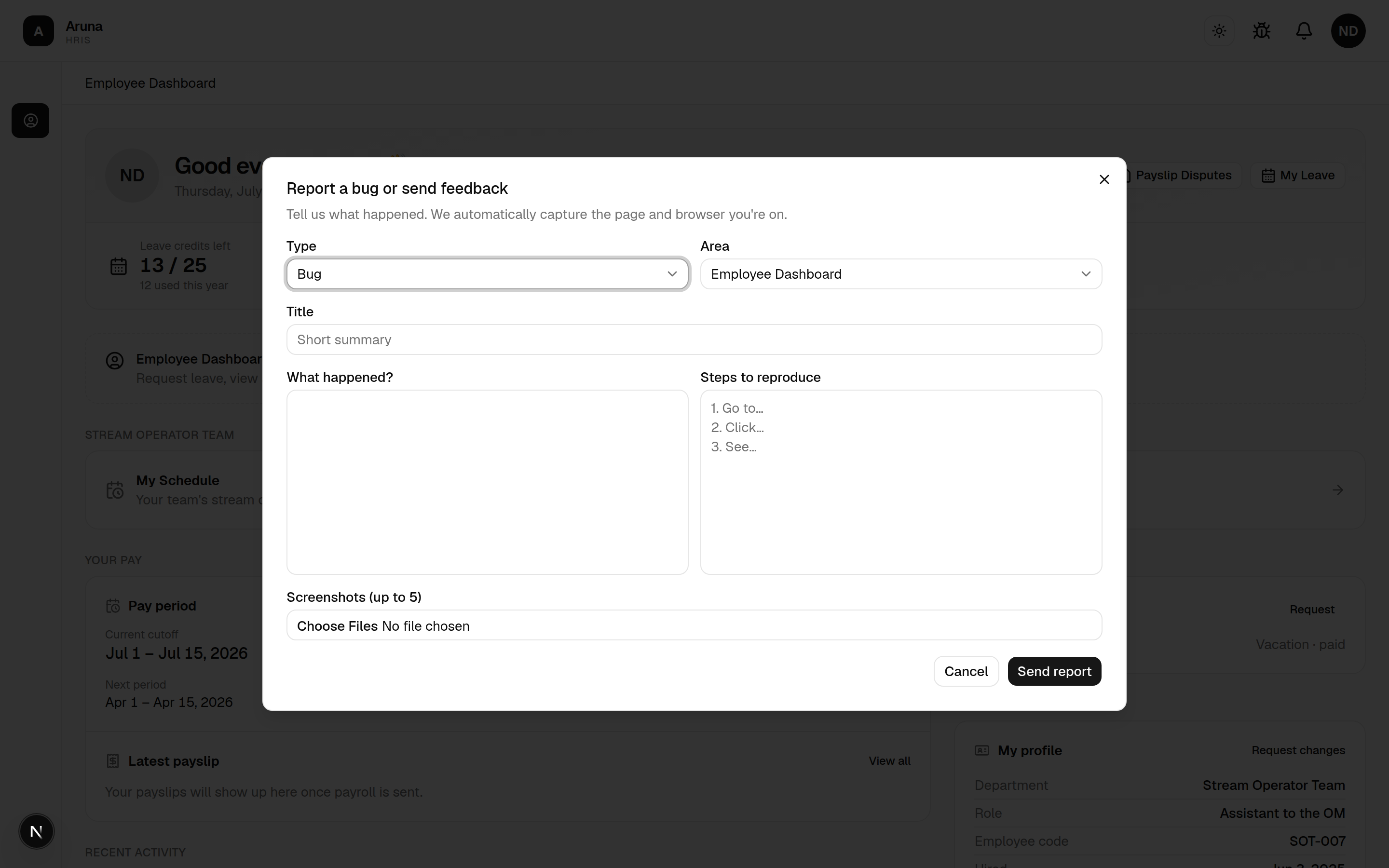 Report a bug or send feedback dialog: Type, Area, Title, What happened?, Steps to reproduce, and screenshots.