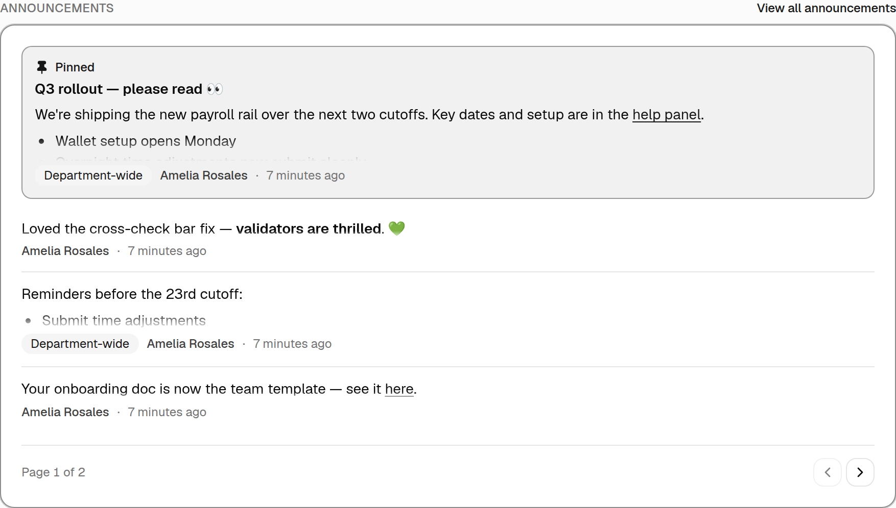 The dashboard Announcements panel: a pinned post at the top, recent announcements below, and a "View all announcements" link.