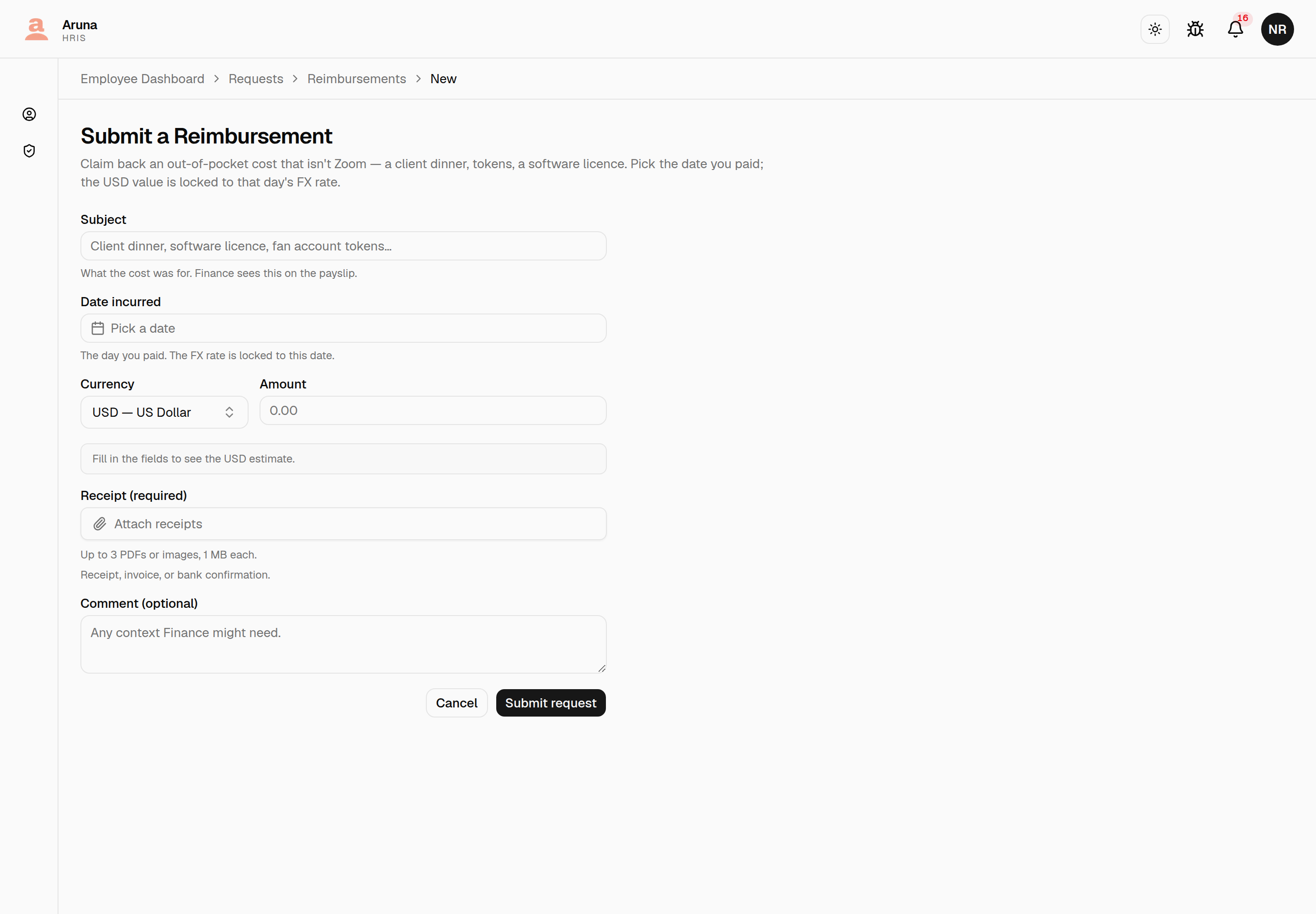 Submit a Reimbursement form: subject, date incurred, currency and amount with a live USD estimate, a required receipt upload taking up to three files, and an optional comment.