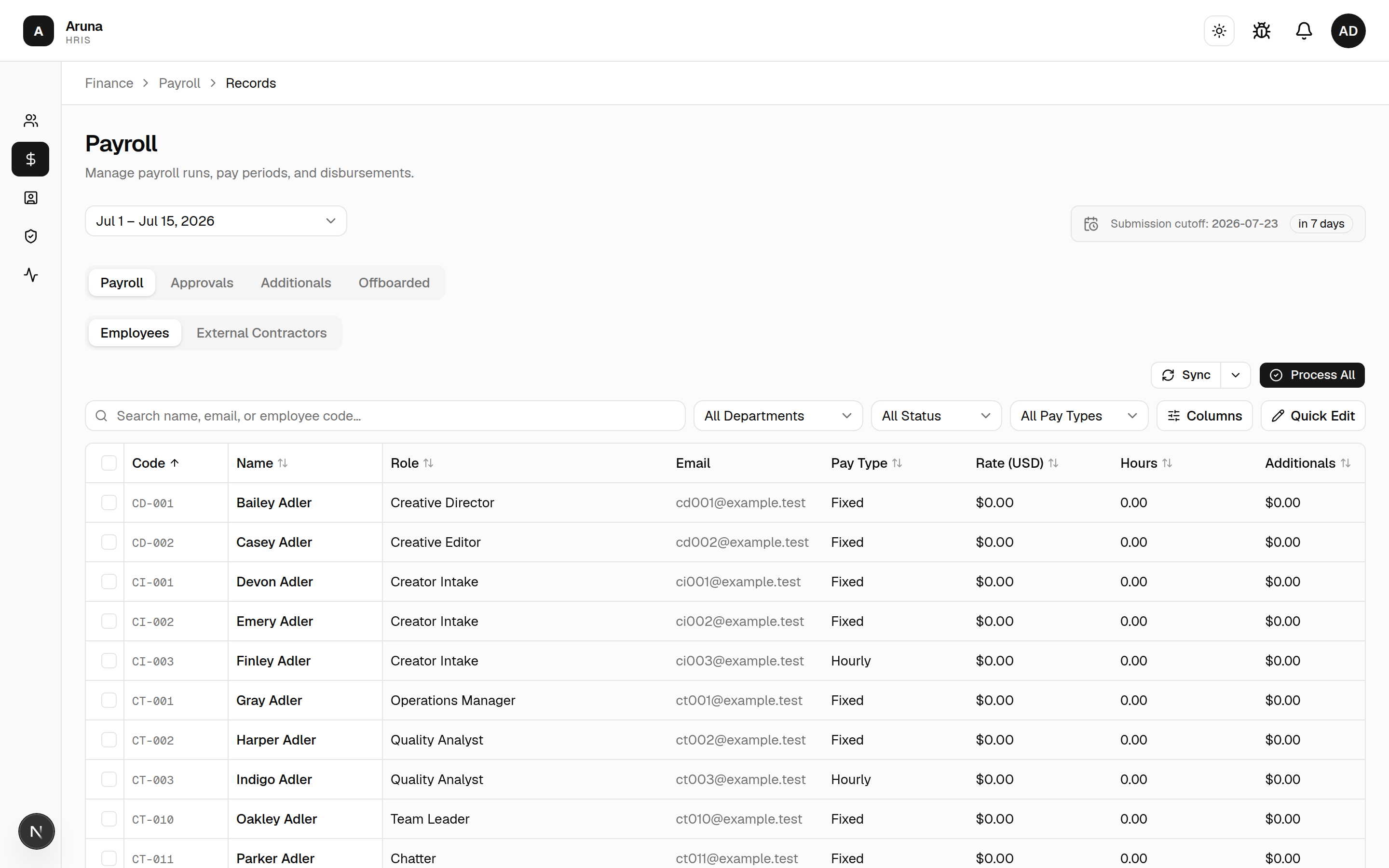 Payroll records: period selector, submission-cutoff countdown, Payroll/Approvals/Additionals/Offboarded tabs, Employees vs External Contractors, and a Pull Employees button.