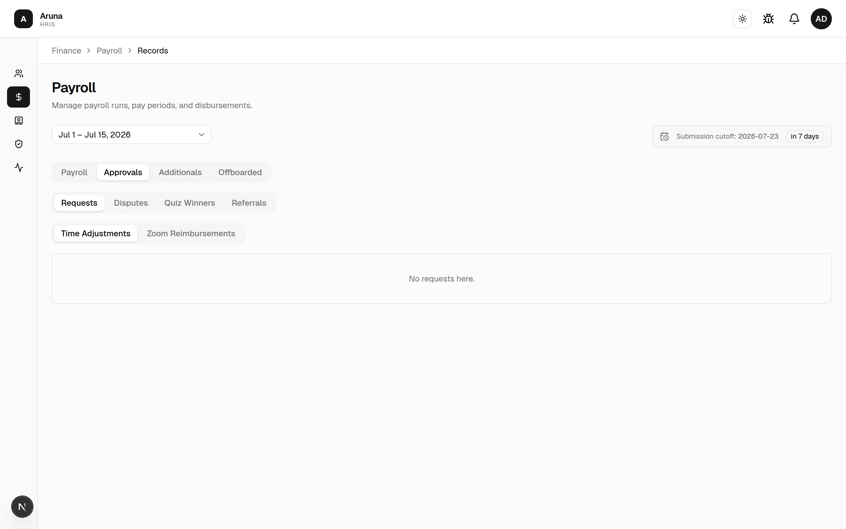 Approvals: Requests / Disputes / Quiz Winners / Referrals, with Requests split into Time Adjustments and Zoom Reimbursements.