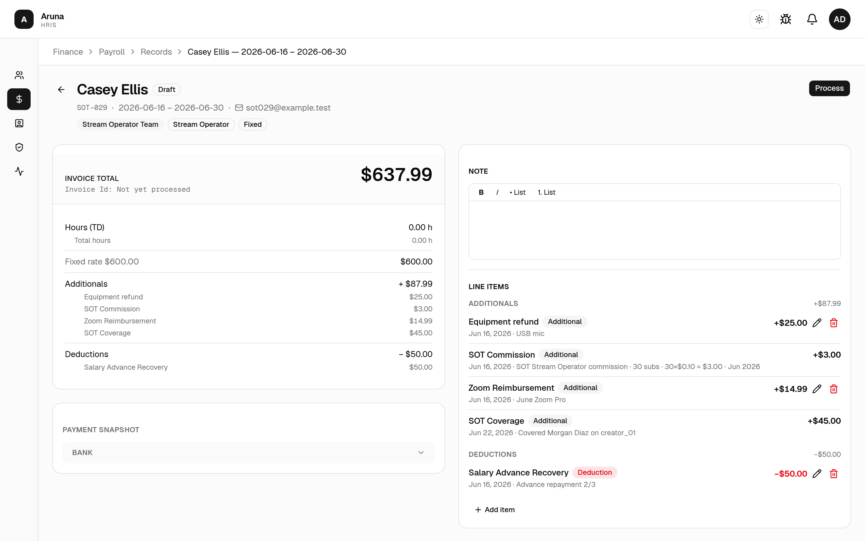 A single payroll record: invoice-total summary with hours + base + additionals/deductions breakdown on the left, and the editable Note and Line items panel on the right.
