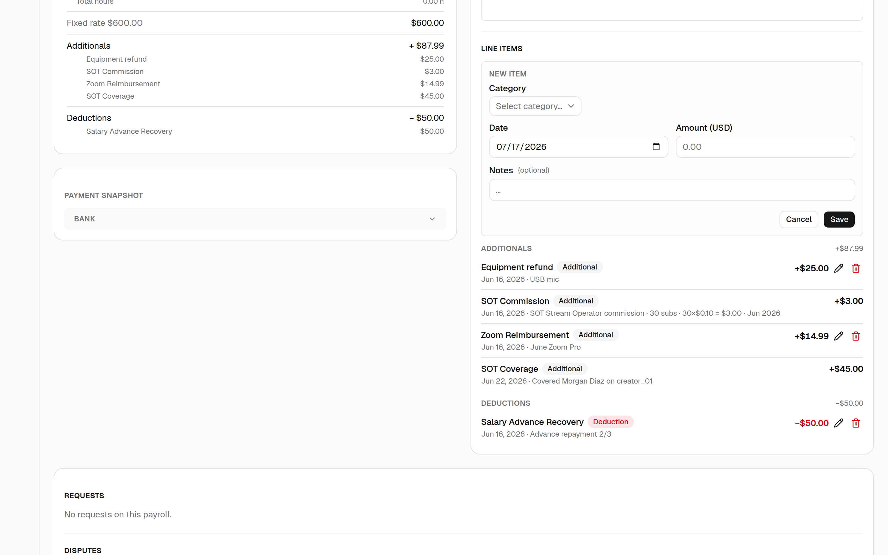 The New Item form on the line-items panel: Category, Date, Amount (USD), and Notes fields with Cancel / Save.