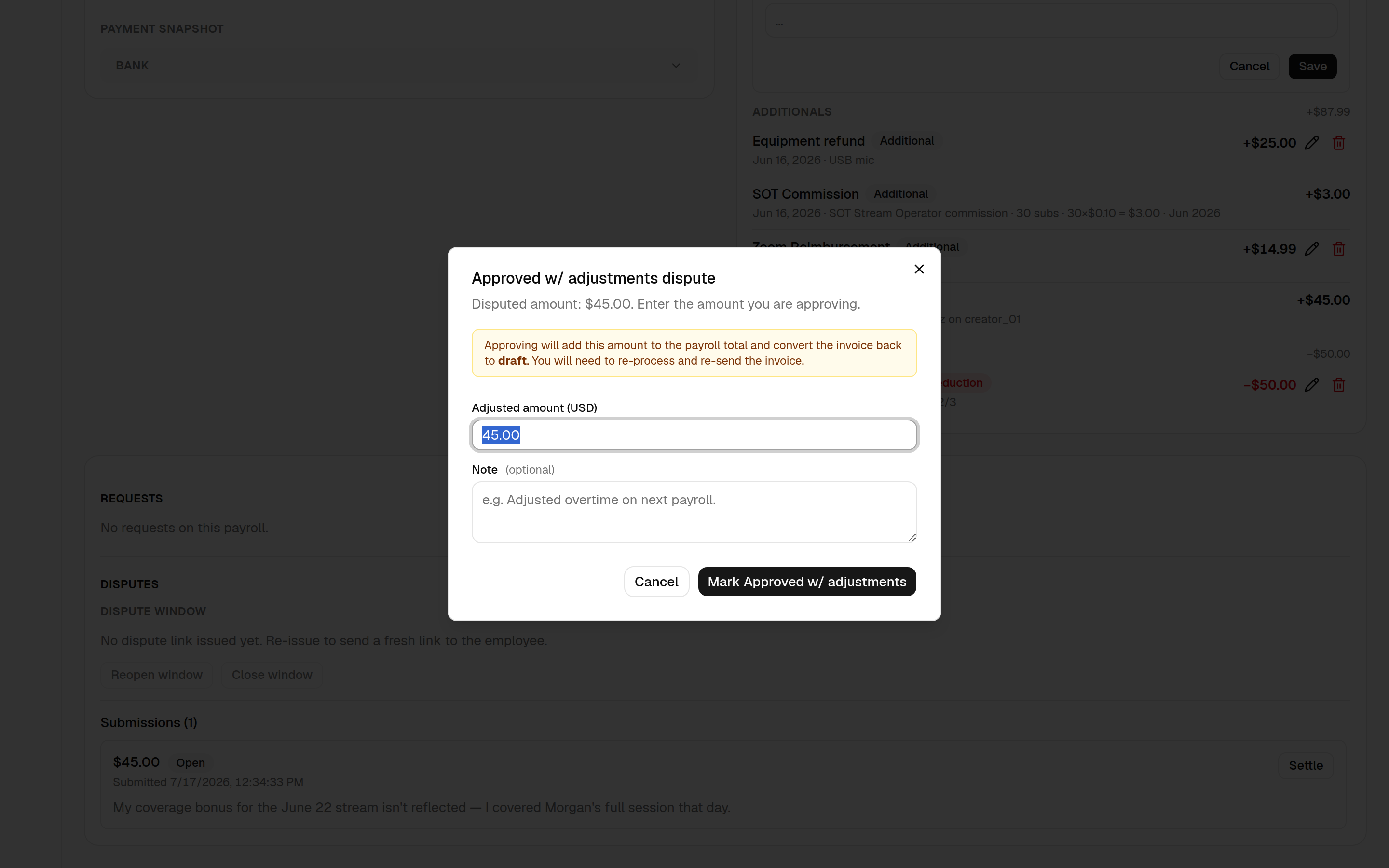 The dispute settle dialog "Approved w/ adjustments": an amber warning that approving adds the amount and reverts the invoice to draft, an Adjusted amount (USD) field prefilled to the disputed amount, and a Note field.