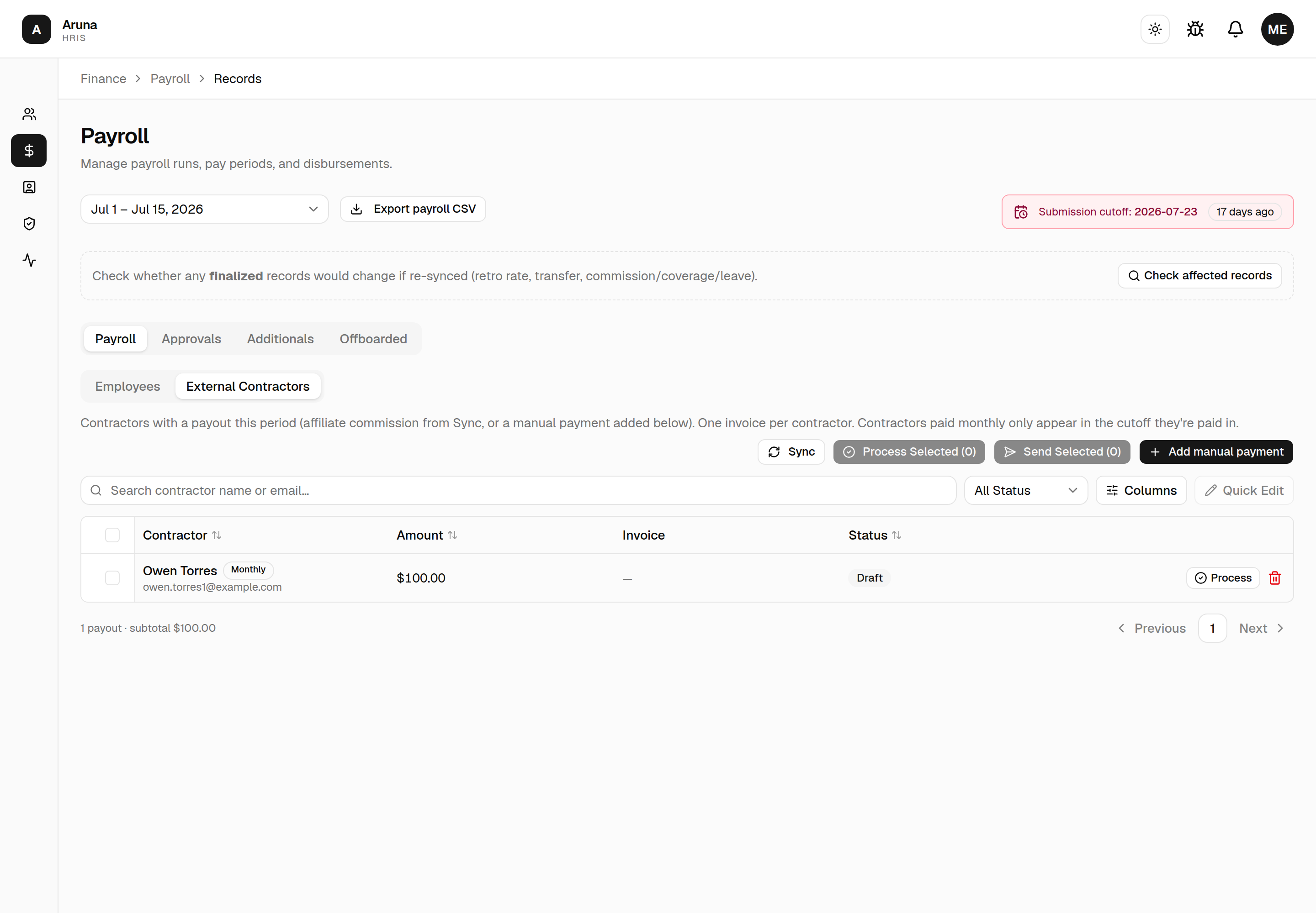 External Contractors tab: the payout actions (Sync, a greyed-out Process Selected (0), a greyed-out Send Selected (0), and Add manual payment) right-aligned above the search toolbar, then one draft payout for Owen Torres carrying a "Monthly" badge, with a selection checkbox at the start of the row.