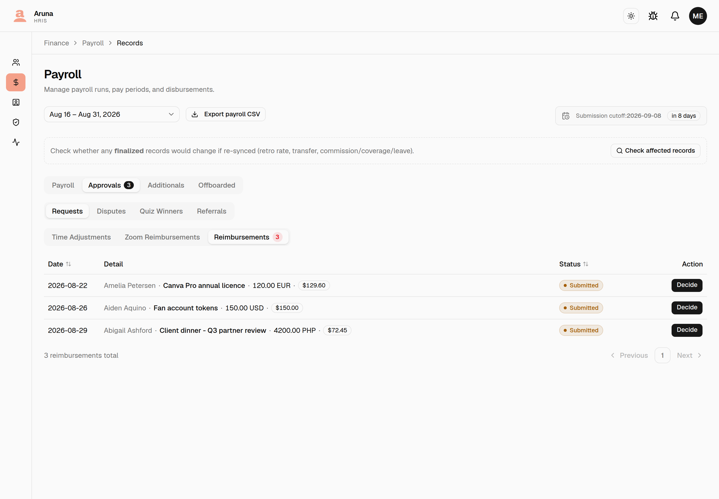 The Reimbursements sub-tab under Approvals → Requests, listing three claims — each showing the employee, the subject, the local amount and its USD value — with a pending count on the tab and a Decide button per row.