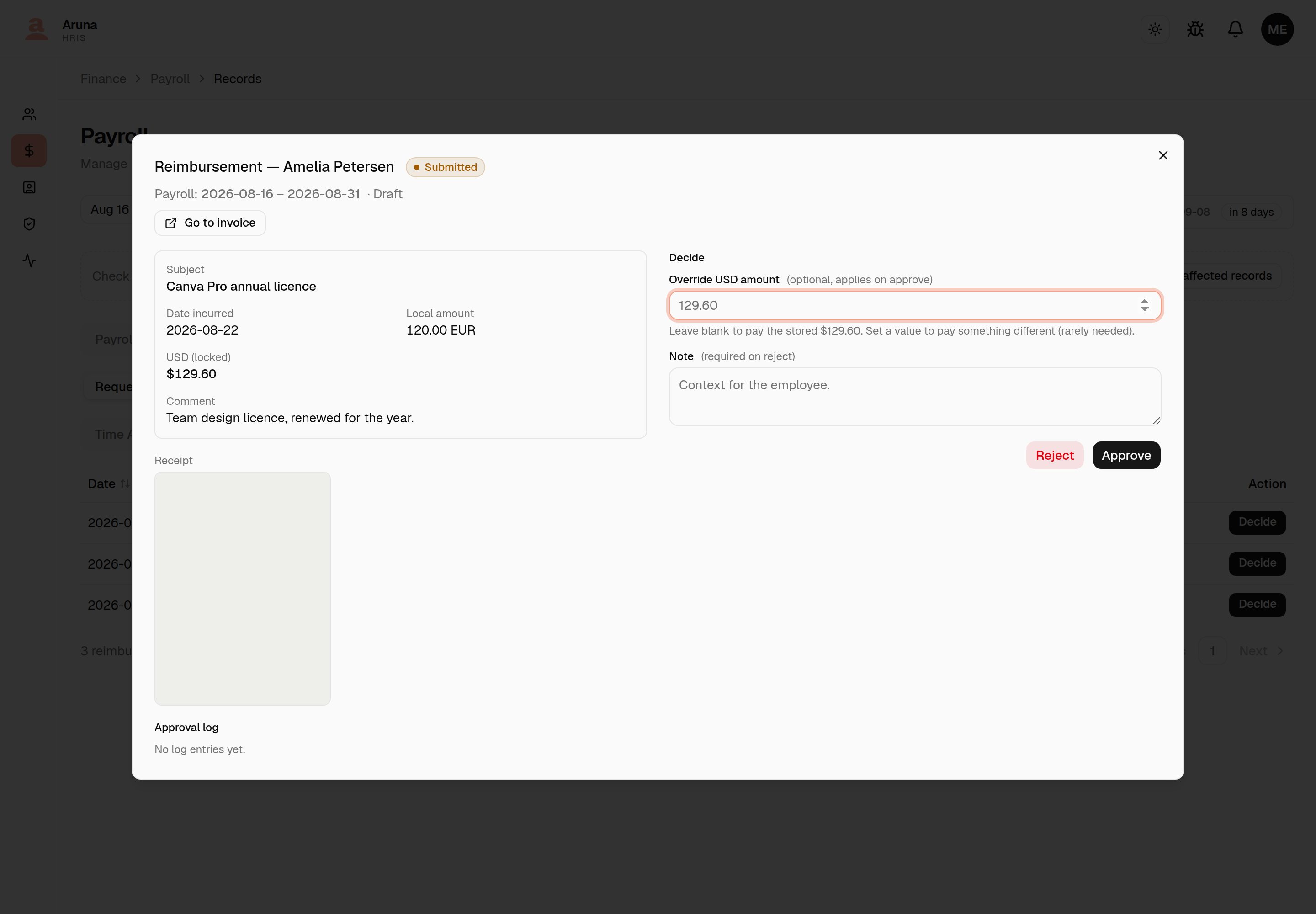 The reimbursement decision dialog: subject, date incurred, local amount and locked USD on the left with the receipt below it, and on the right an optional USD override, a note field, and Reject / Approve.