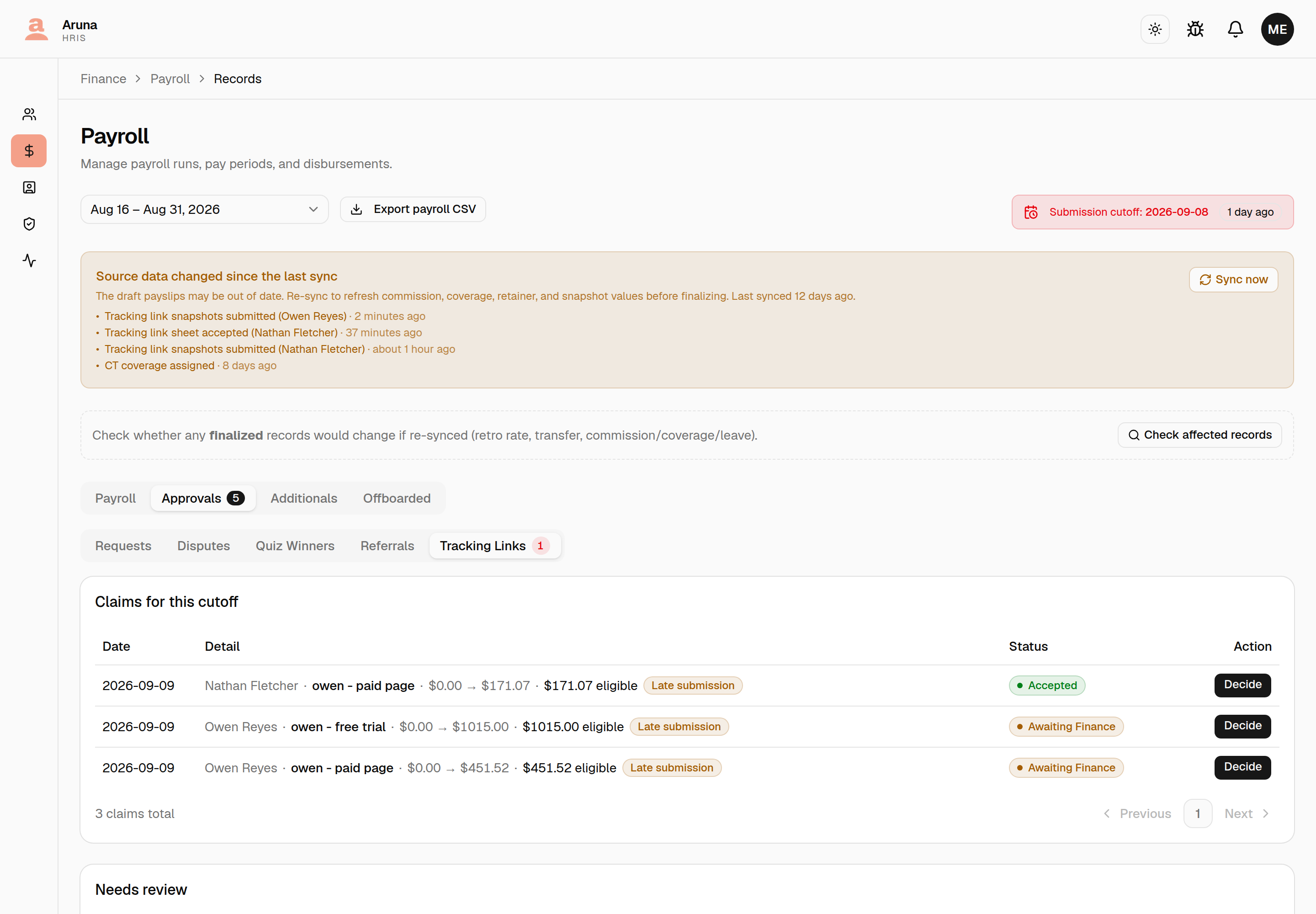 The Tracking Links tab under Finance approvals, listing the selected cutoff's sheets, the sheets awaiting a decision in any period, the flagged rows and the held balances.