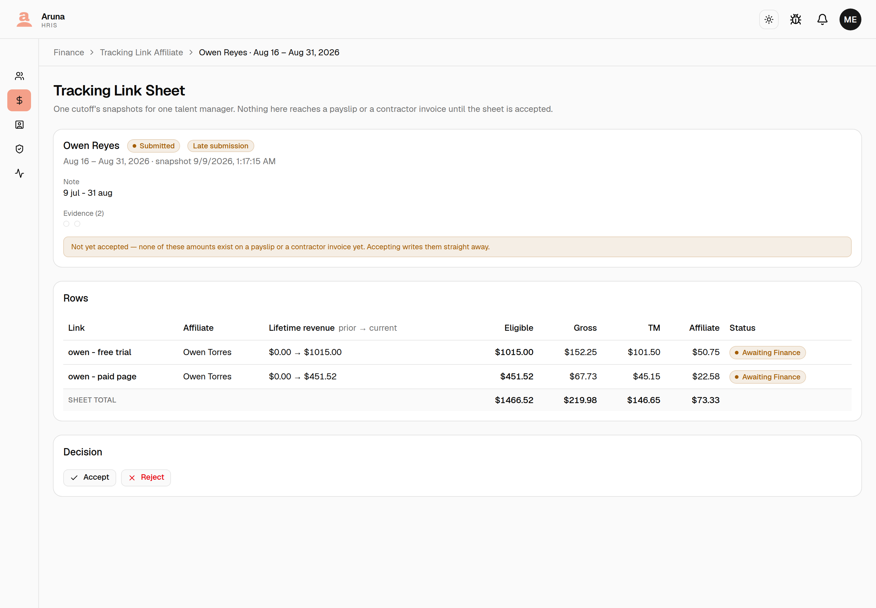 A tracking link sheet awaiting Finance, showing the manager, cutoff, note, evidence thumbnails, each row's prior to current revenue with the 15/10/5 split, and Accept and Reject buttons.