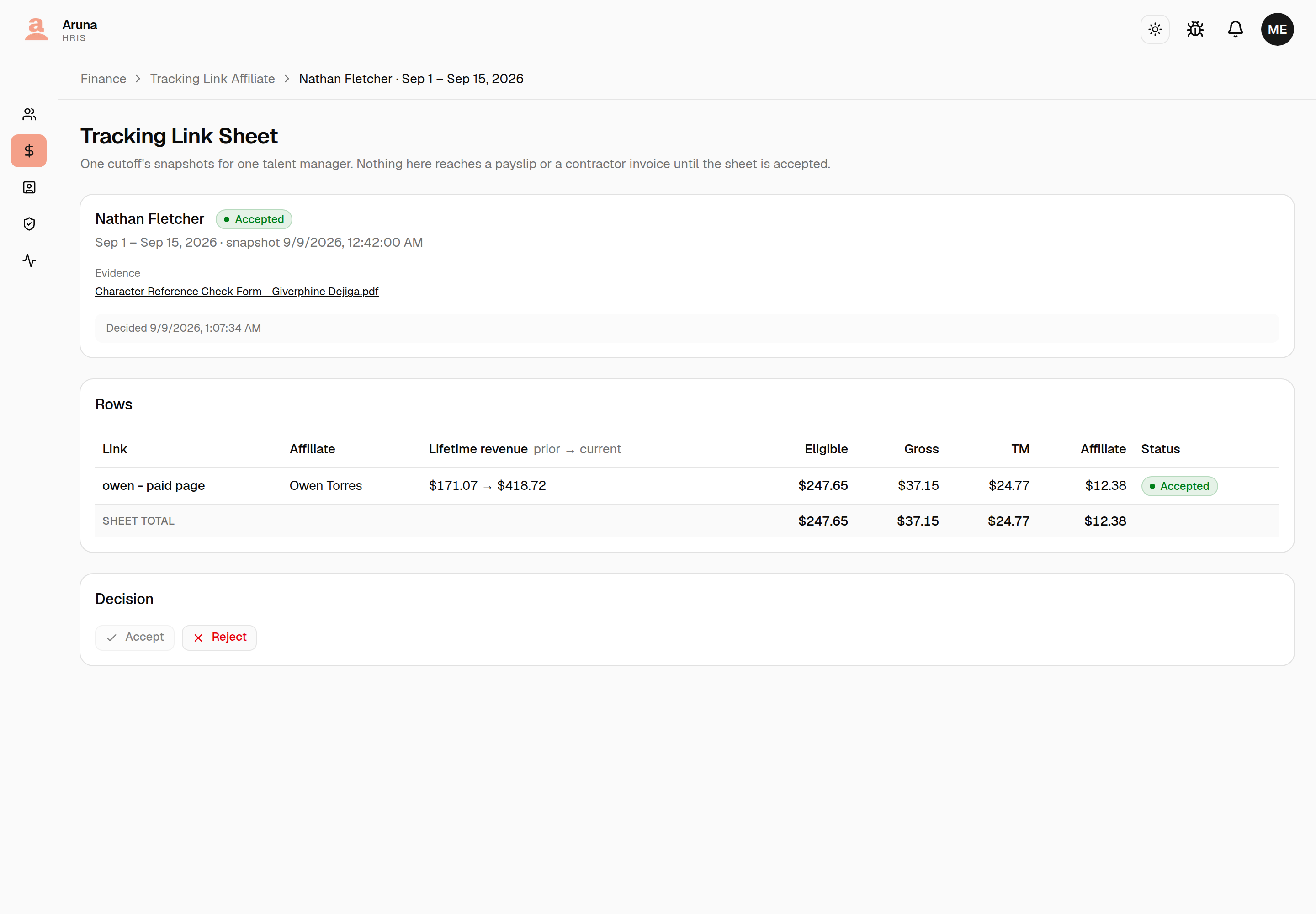 An accepted tracking link sheet showing its decision, note and rows marked as payable.