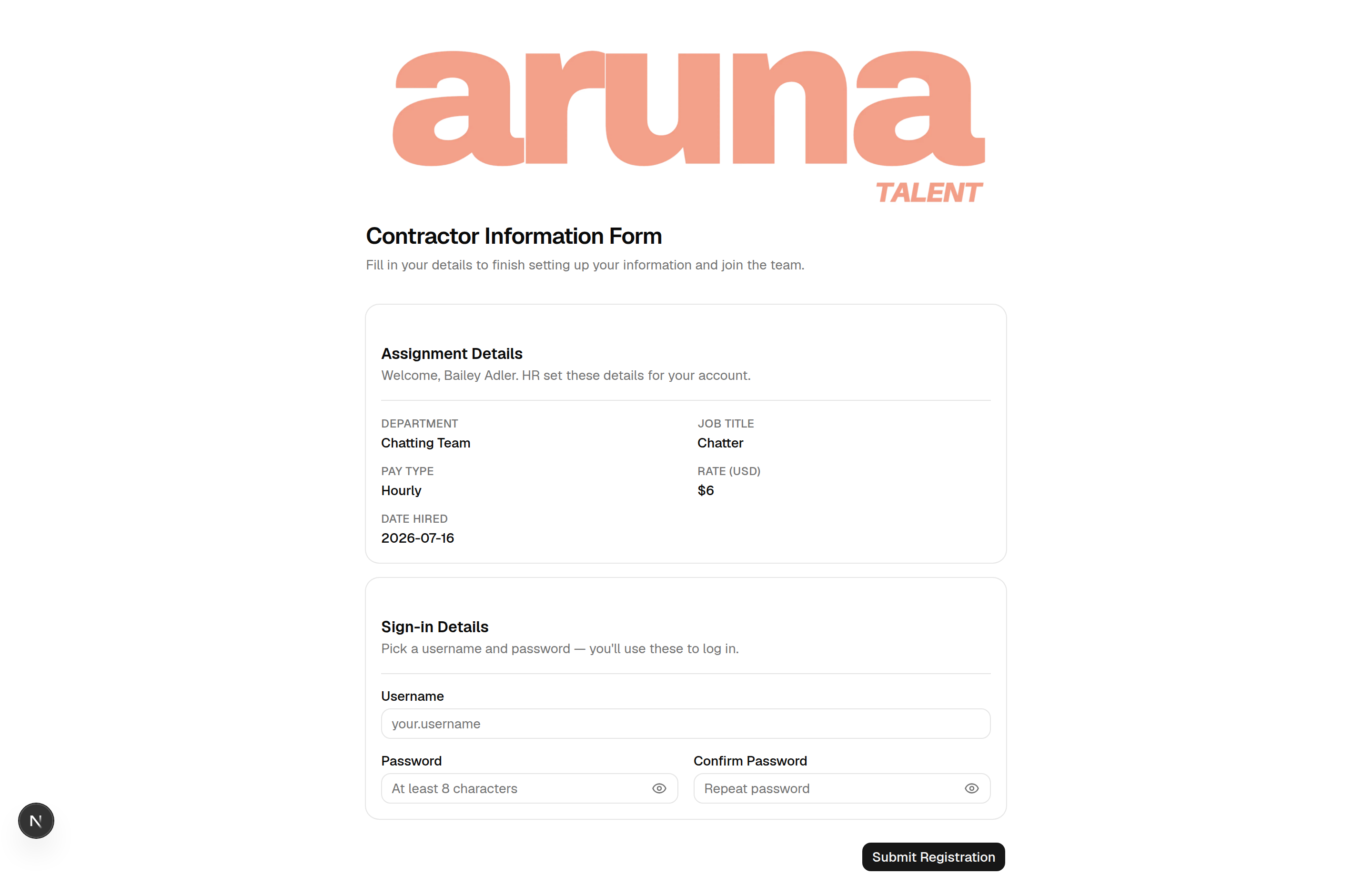 Existing-employee invitation form: assignment summary and Sign-in Details only.