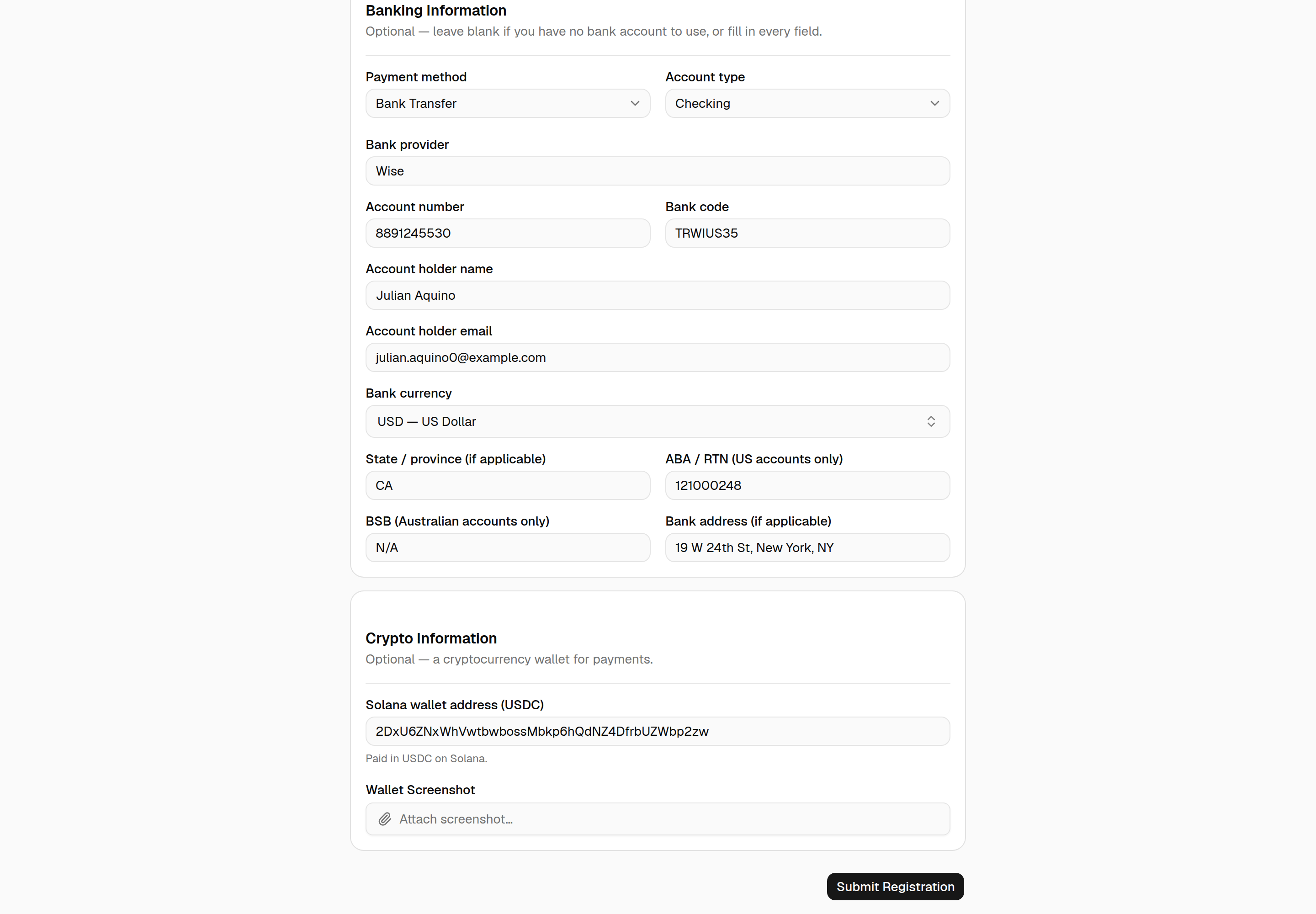 The public invitation form for a converted contractor: the Banking Information section headed "Optional — leave blank if you have no bank account to use, or fill in every field", prefilled with Wise, Checking, USD, the account number, State / province and ABA / RTN carried over from the contractor, and a Crypto Information section below it marked optional with the Solana wallet prefilled.