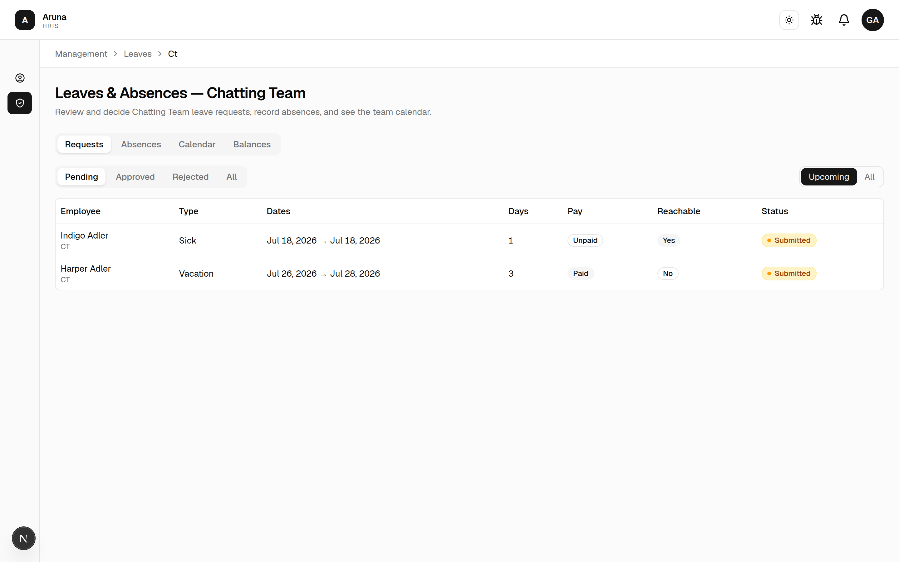Leaves & Absences for a team: Requests / Absences / Calendar / Balances tabs, with Pending / Approved / Rejected / All and an Upcoming/All toggle.