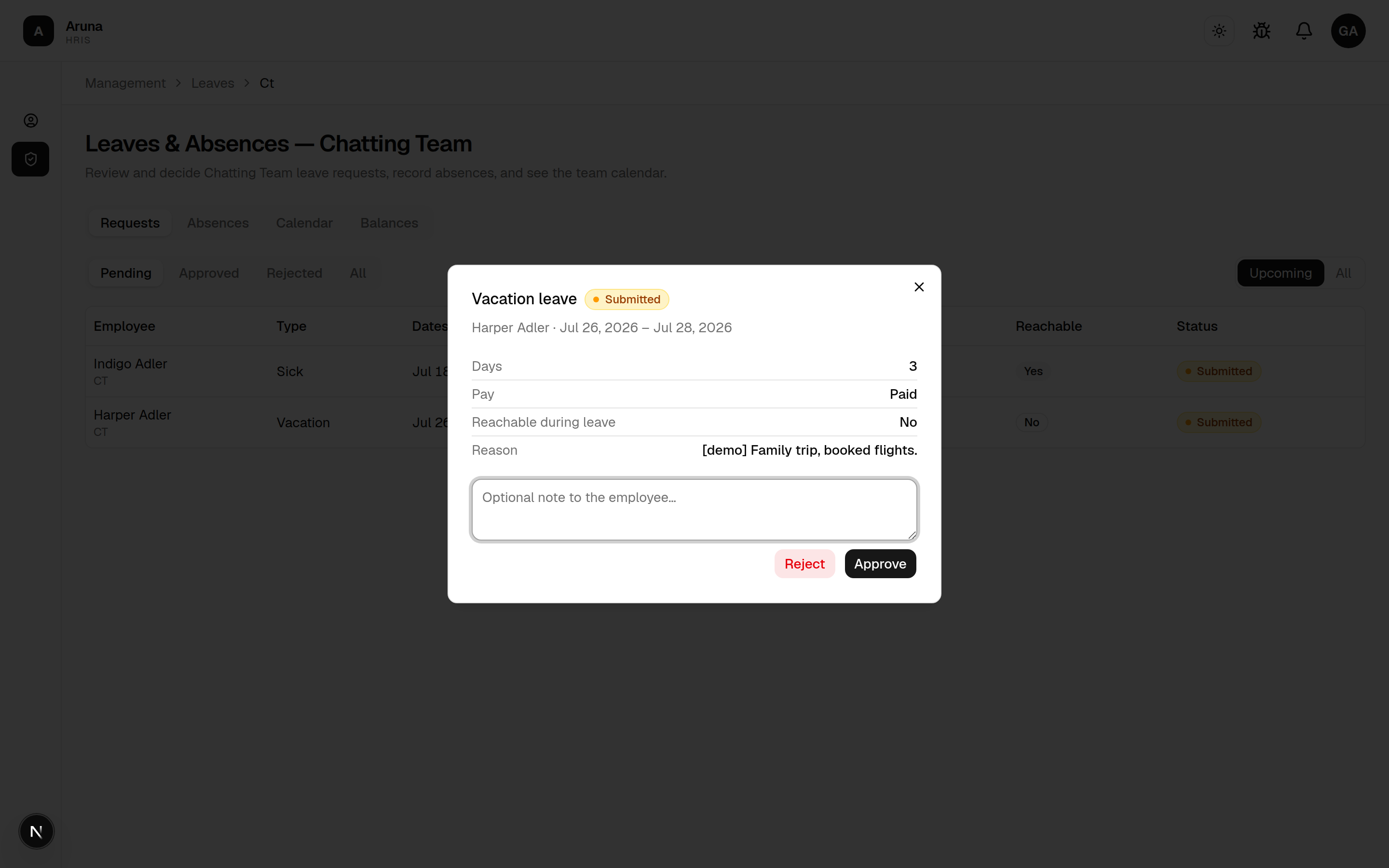 Leave decision dialog: days, pay, reachable, reason, optional note, and Approve/Reject.