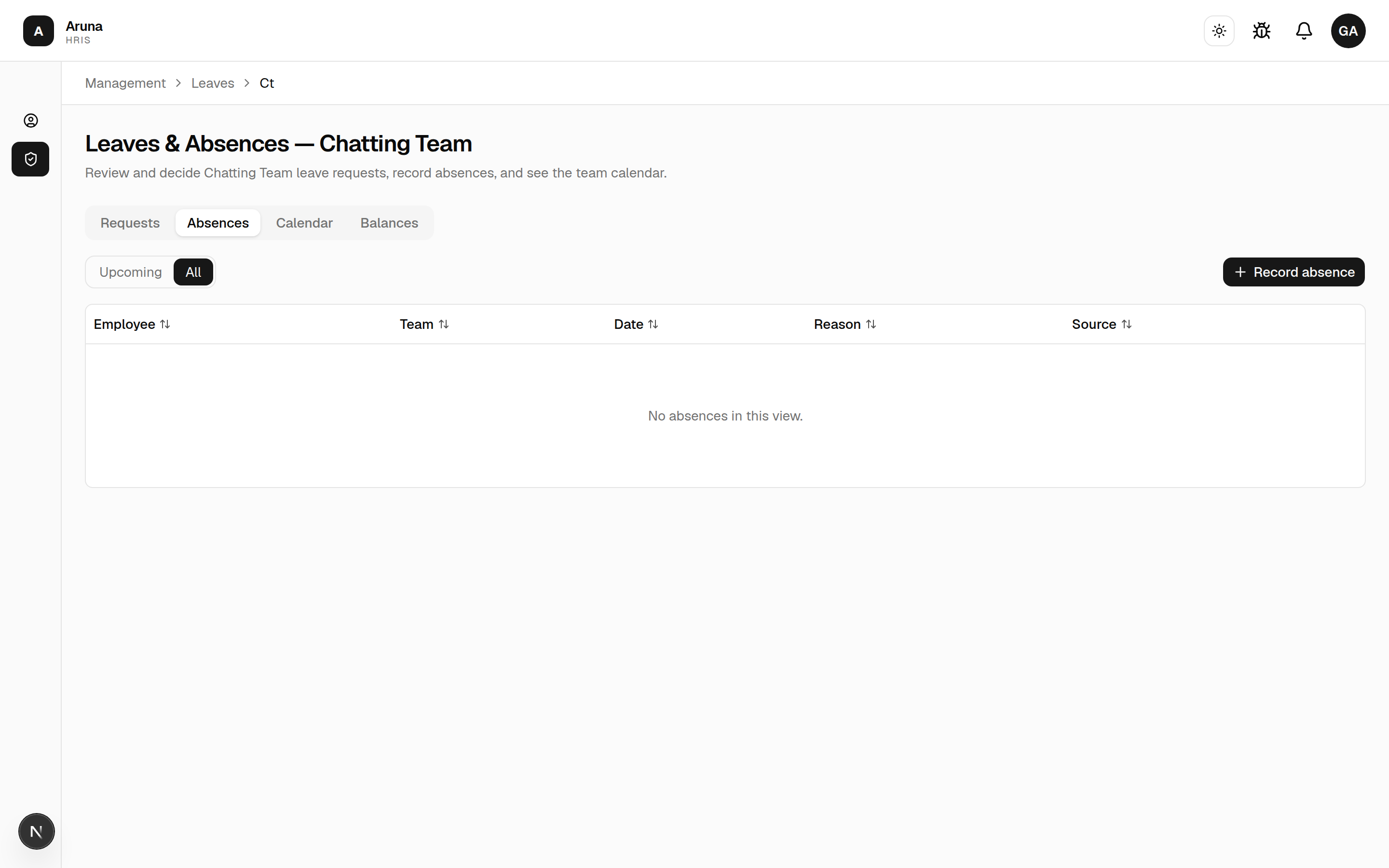 Leaves Absences tab with a Record absence action.