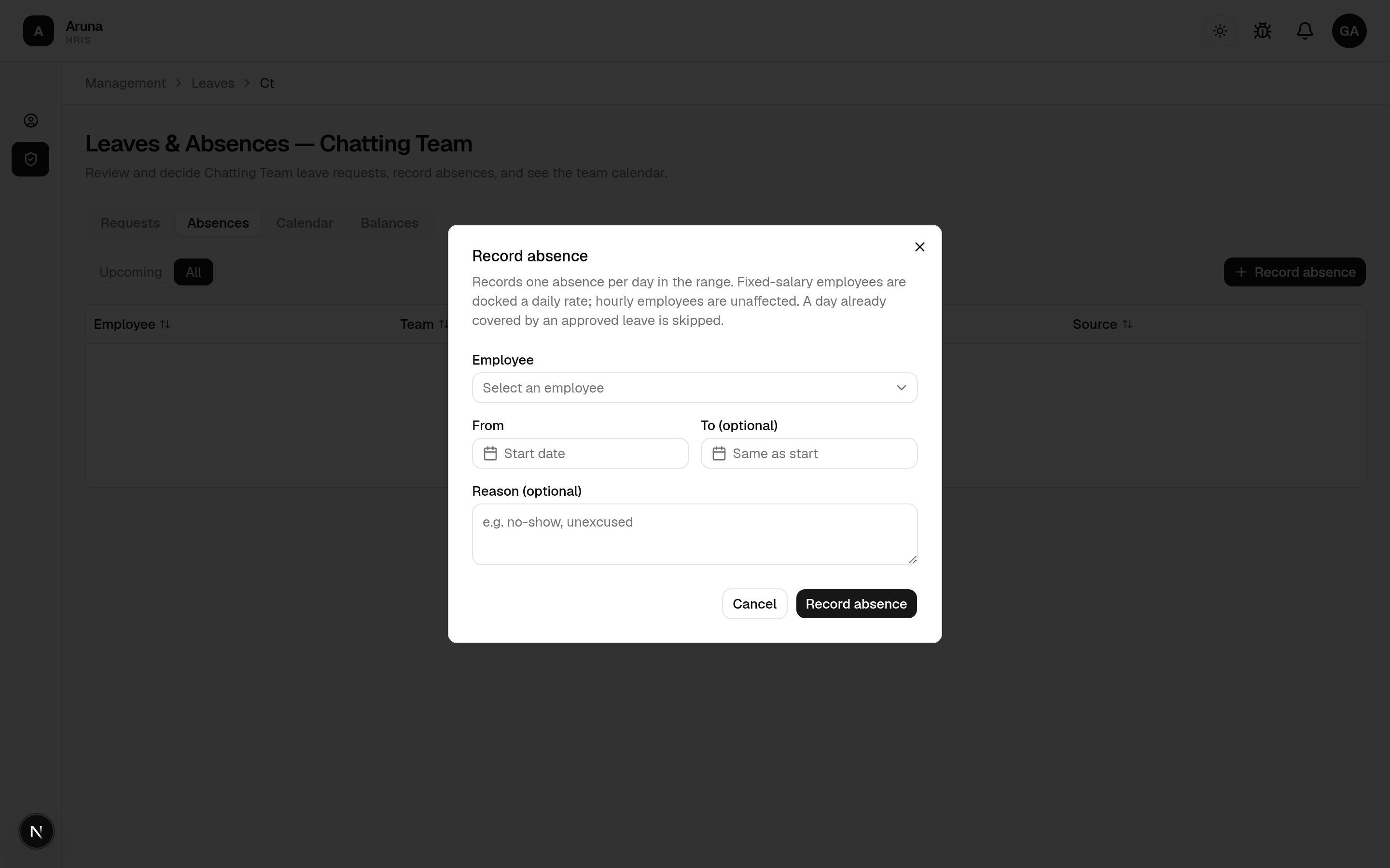 Record absence dialog: employee, from/to dates, and reason.