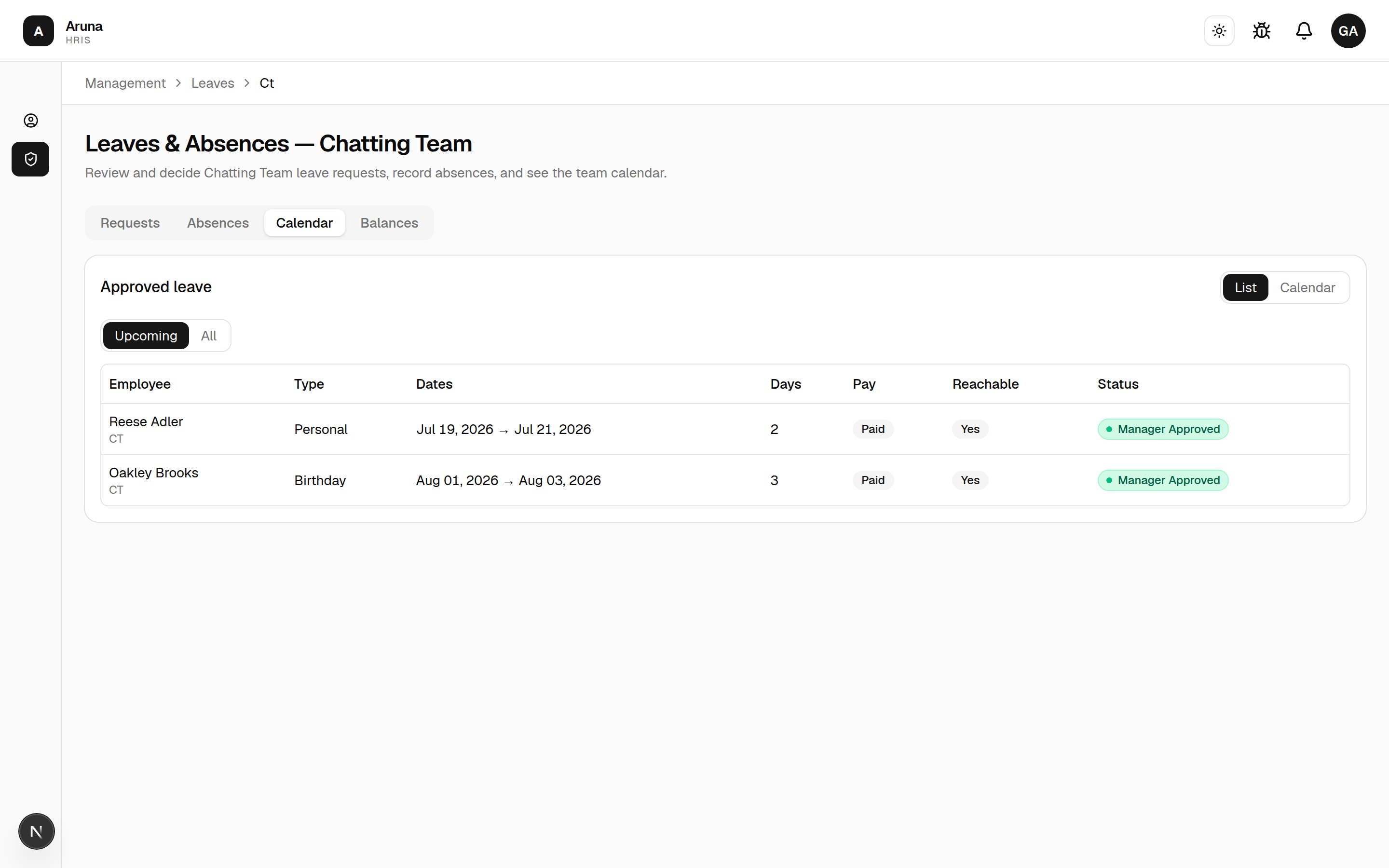 Leaves Calendar tab: approved leave with a List/Calendar toggle.