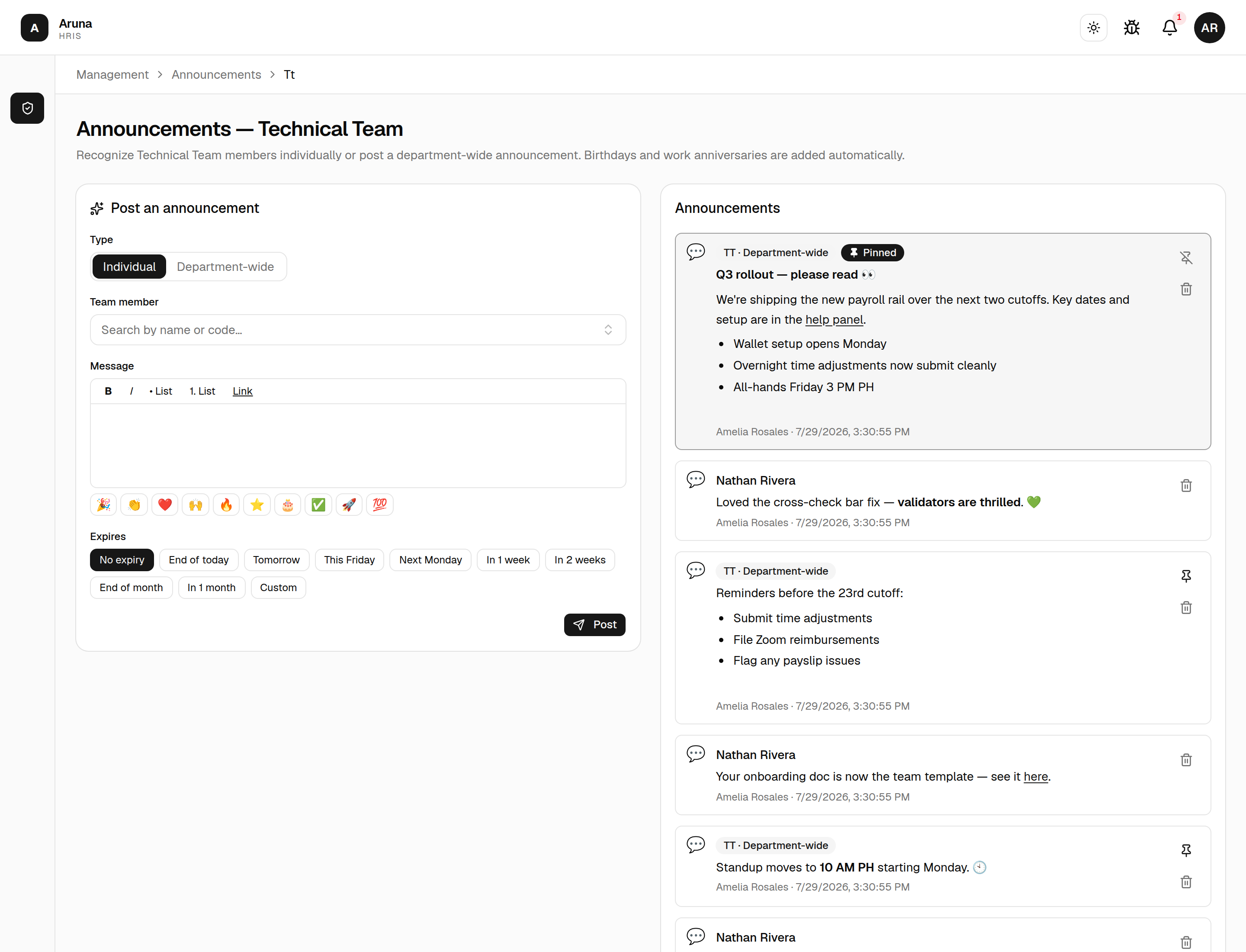 Announcements management: the post form (type, recipient, rich-text message, expiry) beside the team's announcement feed.