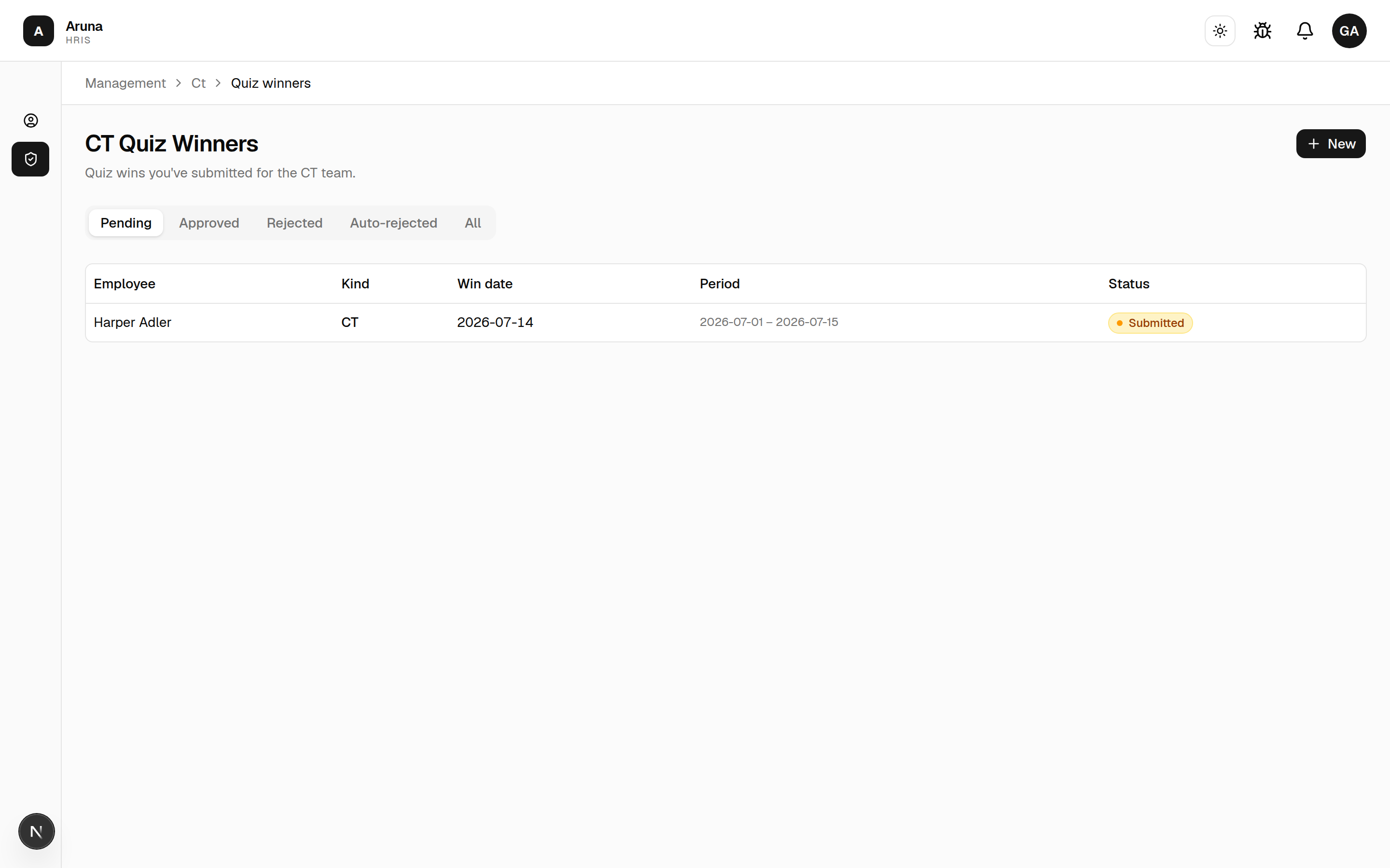 CT Quiz Winners list with status tabs and a New action.
