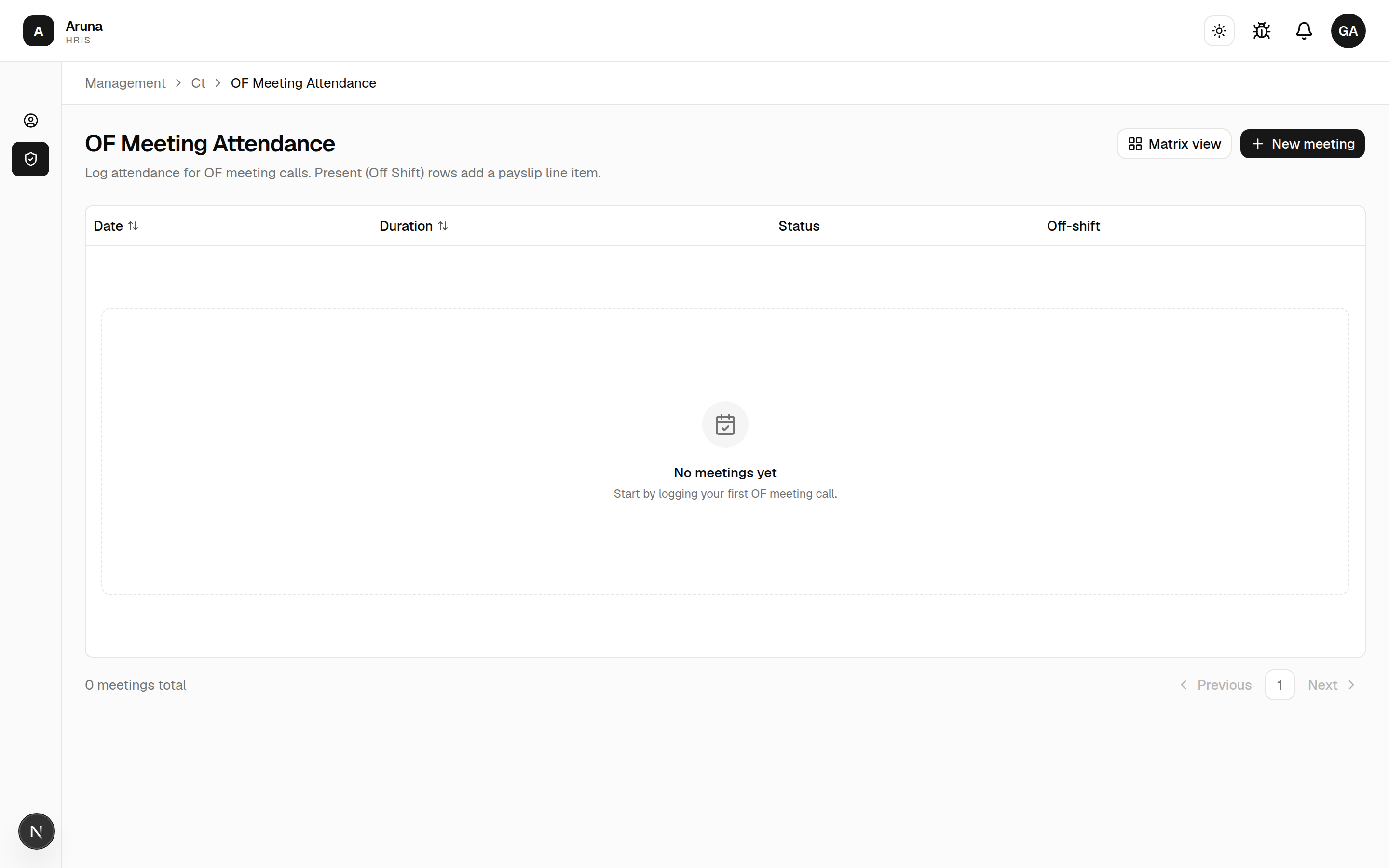 OF Meeting Attendance logging surface with New meeting and Matrix view actions.