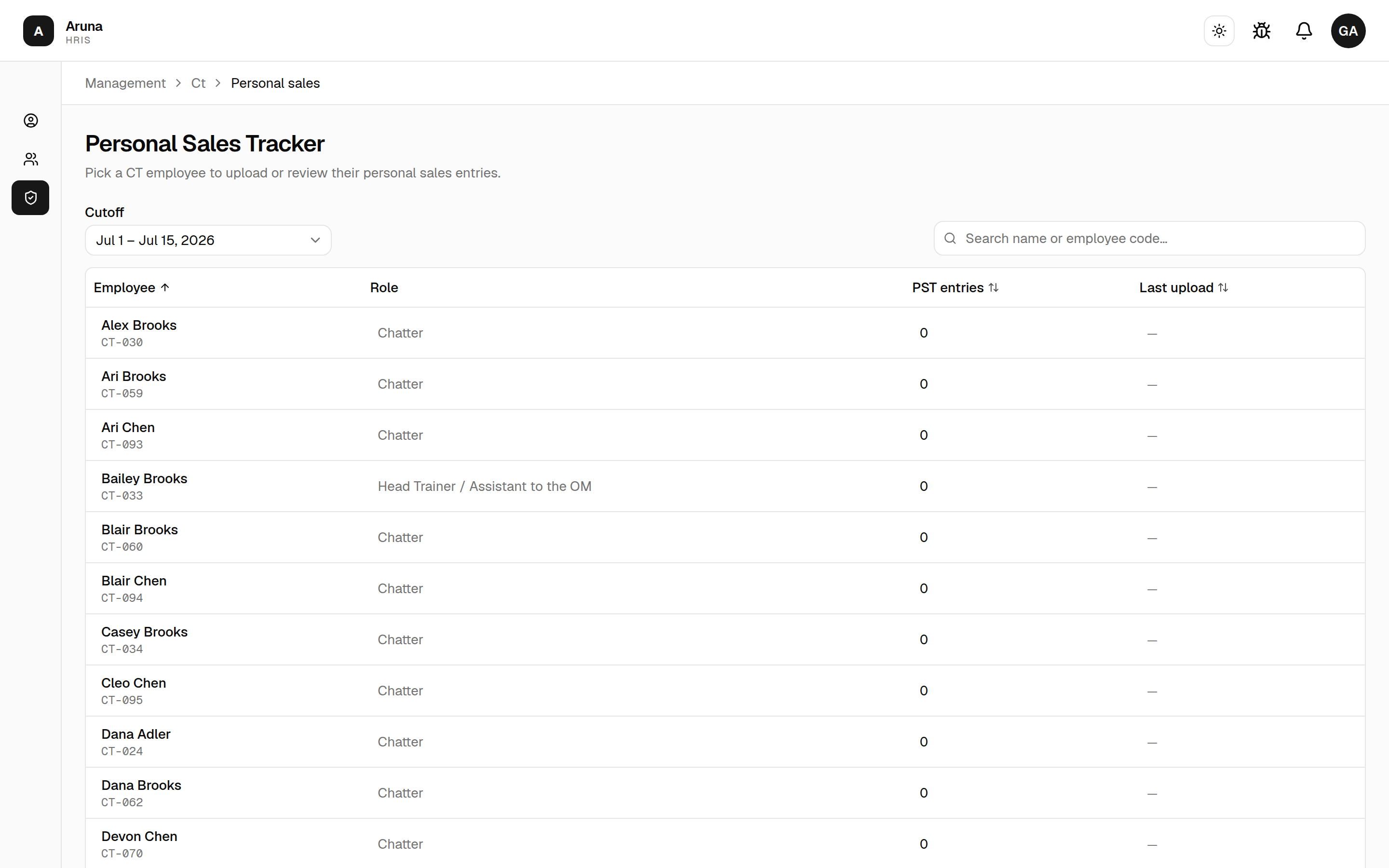Personal Sales Tracker: cutoff selector and a per-employee list (PST entries, last upload).