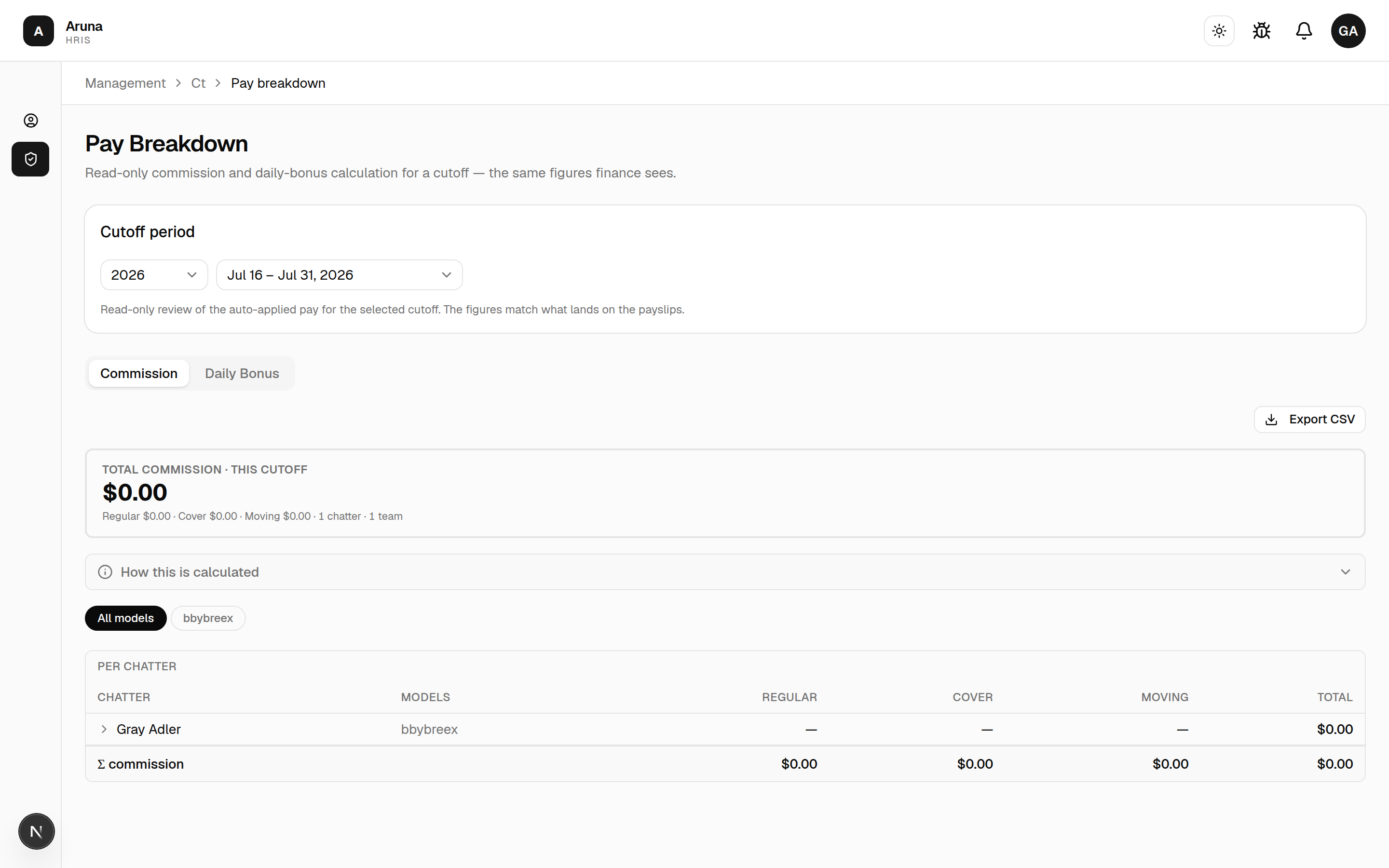 Pay Breakdown: Commission and Daily Bonus tabs, a total-commission summary, "How this is calculated", and a per-chatter breakdown, with Export CSV.