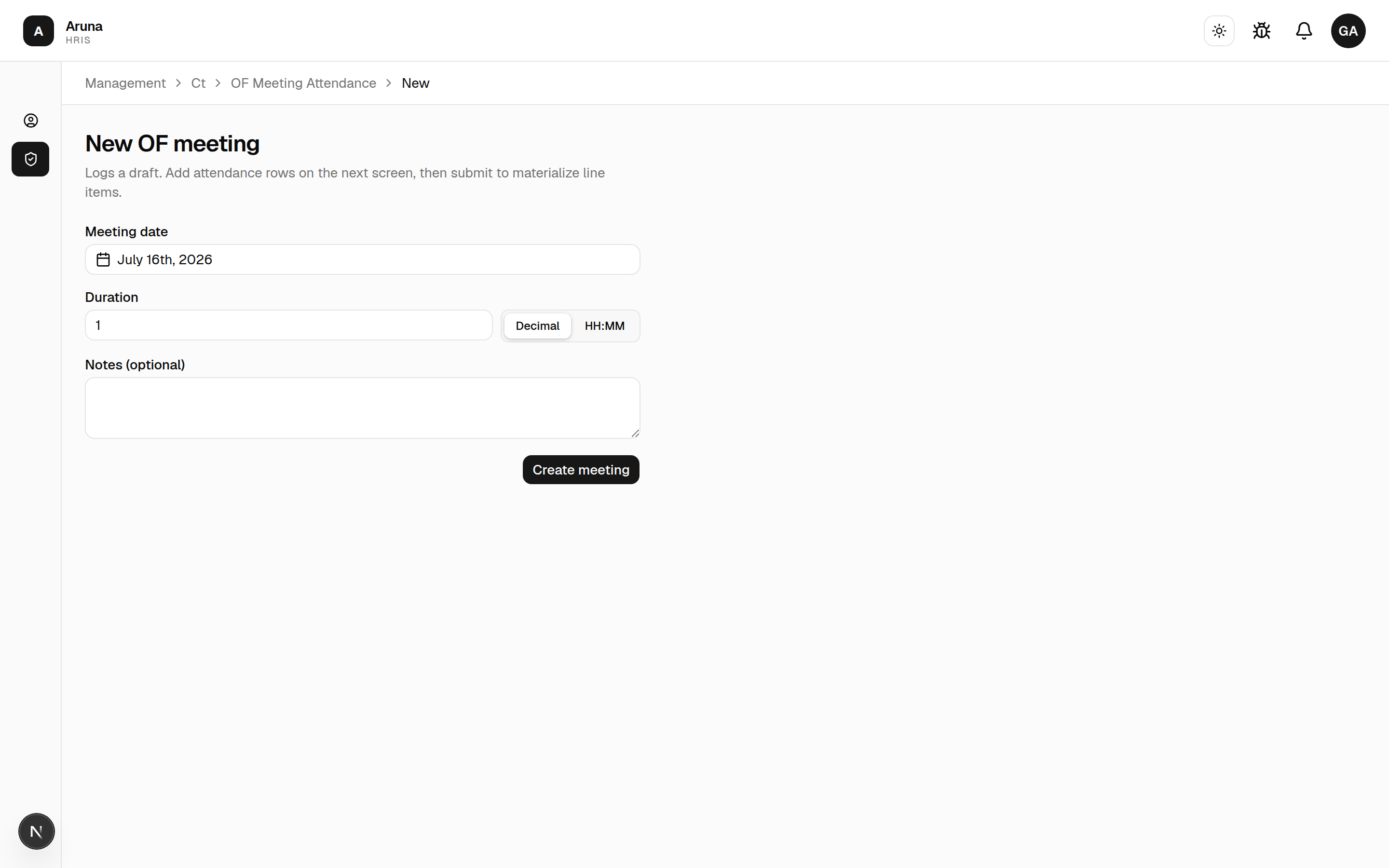 New OF meeting form: meeting date, duration, and notes.