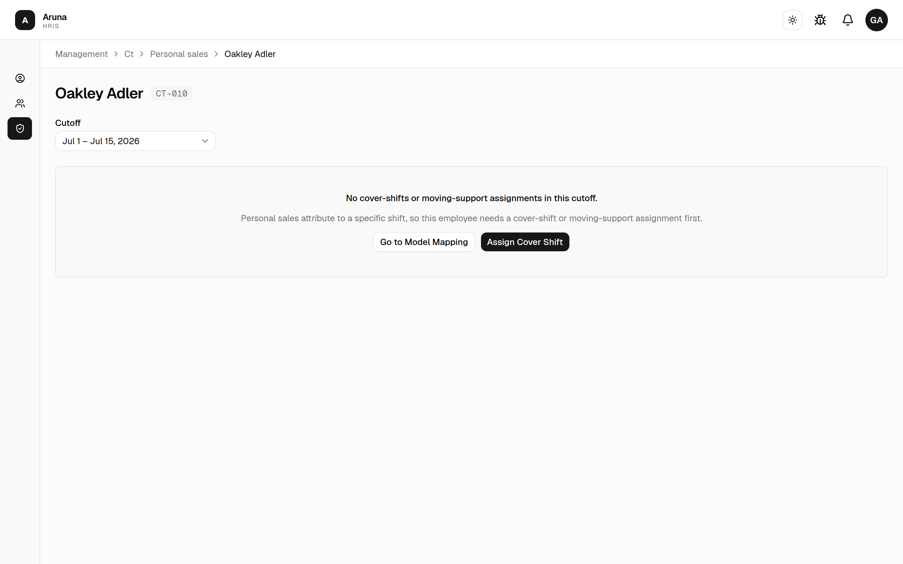 PST per-employee page with no eligible assignment: the blocked empty state and its "Go to Model Mapping" / "Assign Cover Shift" buttons.