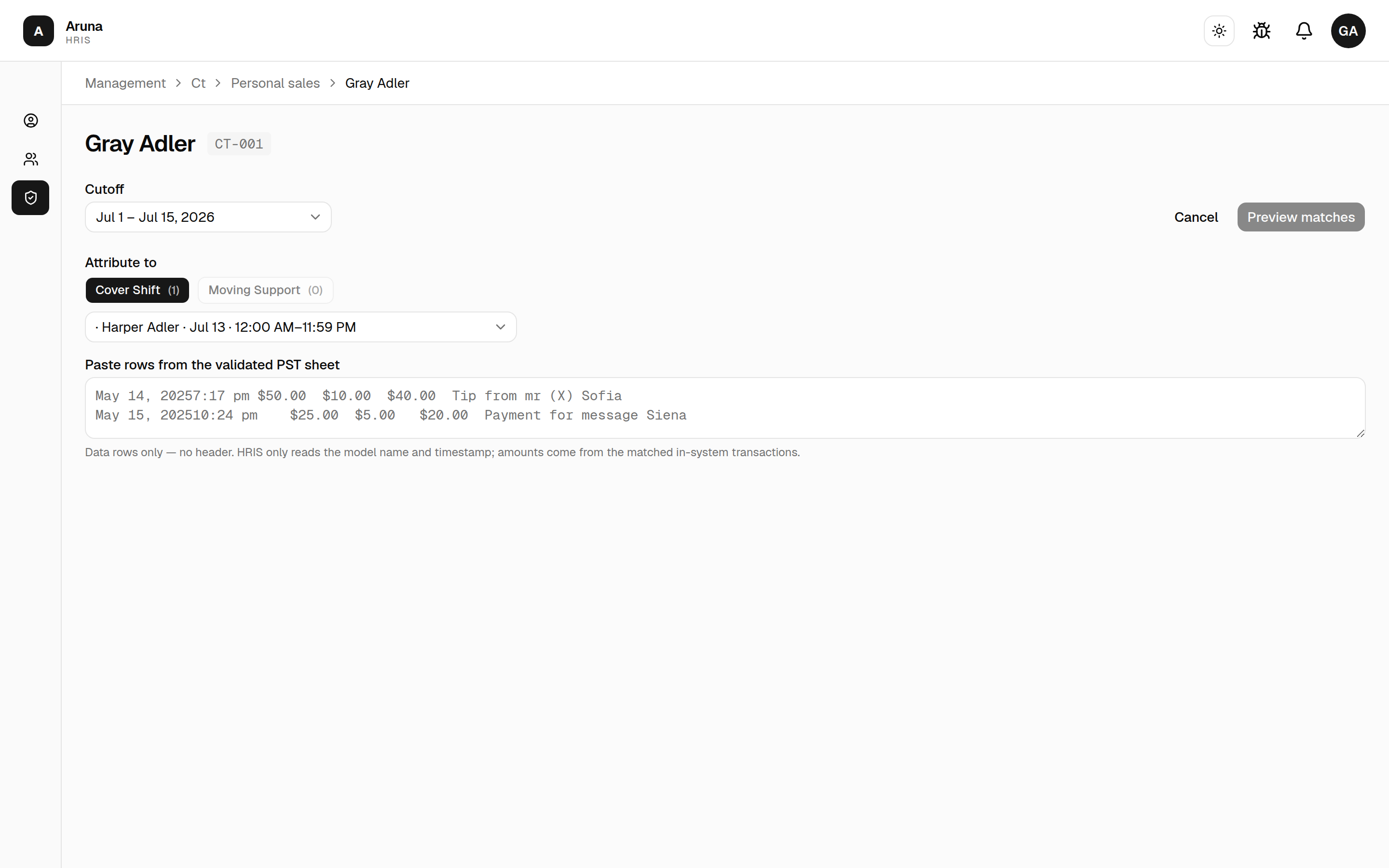 PST paste mode: the "Attribute to" category buttons (Cover Shift / Moving Support) with the instance dropdown, above the paste textarea.