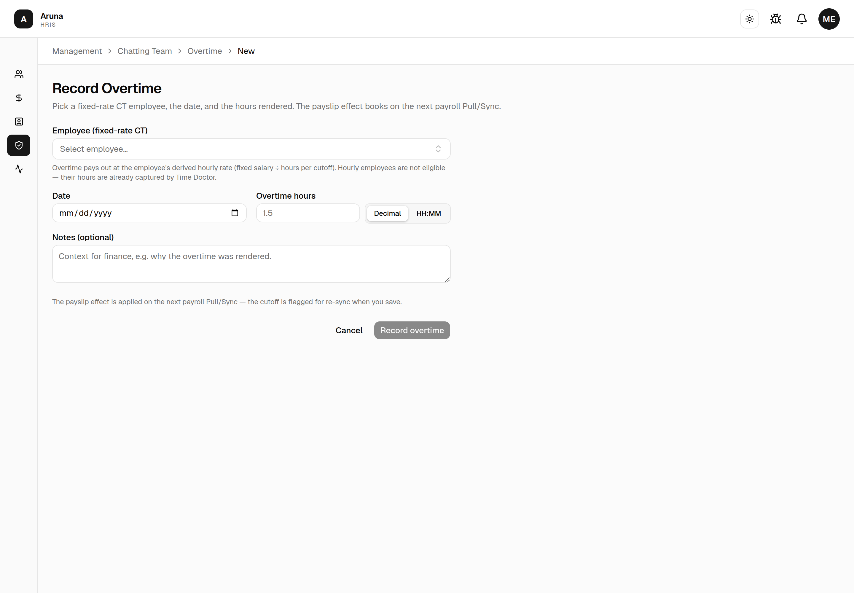 New overtime form: employee, date, and overtime hours (decimal or HH:MM).