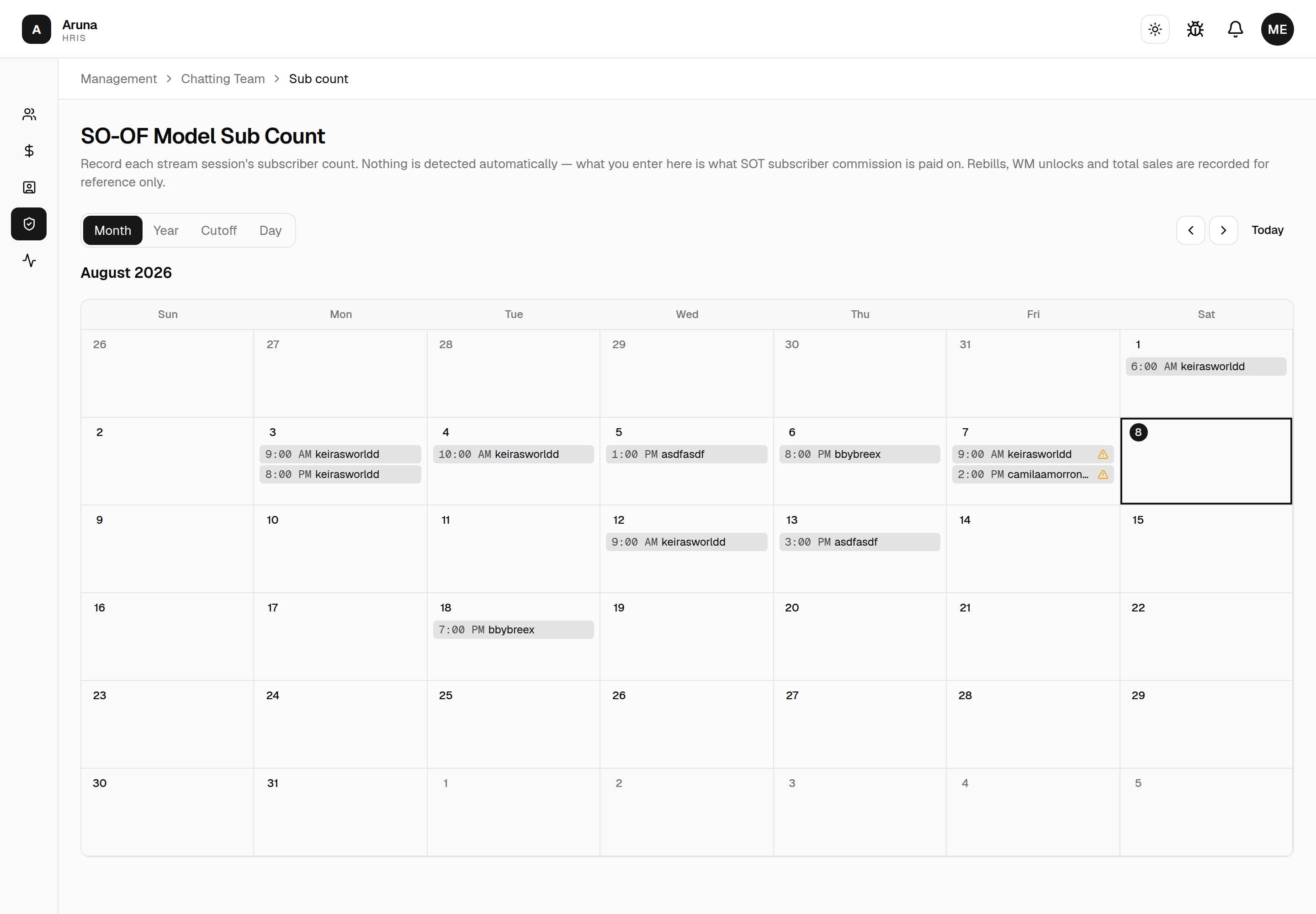 SO-OF Model Sub Count, Month view: a calendar of August stream sessions, two of them flagged amber for having no sub count recorded yet.