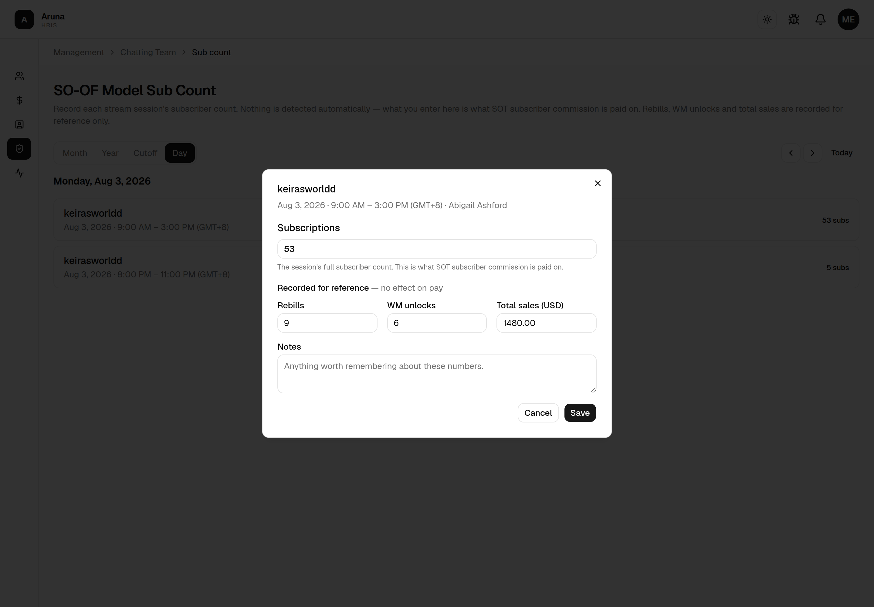 Sub count dialog for a keirasworldd session: a single Subscriptions field showing 53, then Rebills, WM unlocks and Total sales recorded for reference.