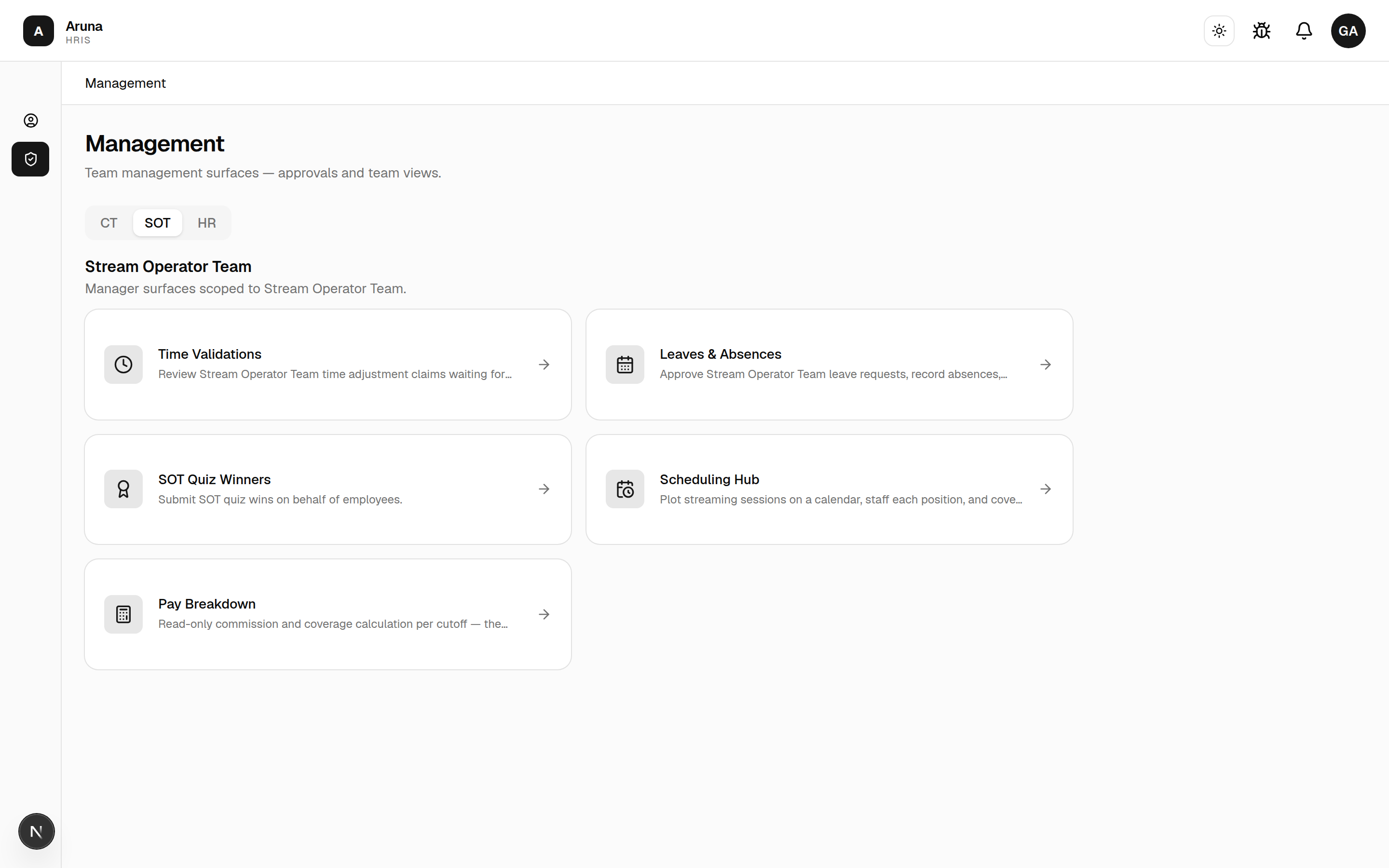 SOT management landing: Time Validations, Leaves & Absences, SOT Quiz Winners, Scheduling Hub, and Pay Breakdown.