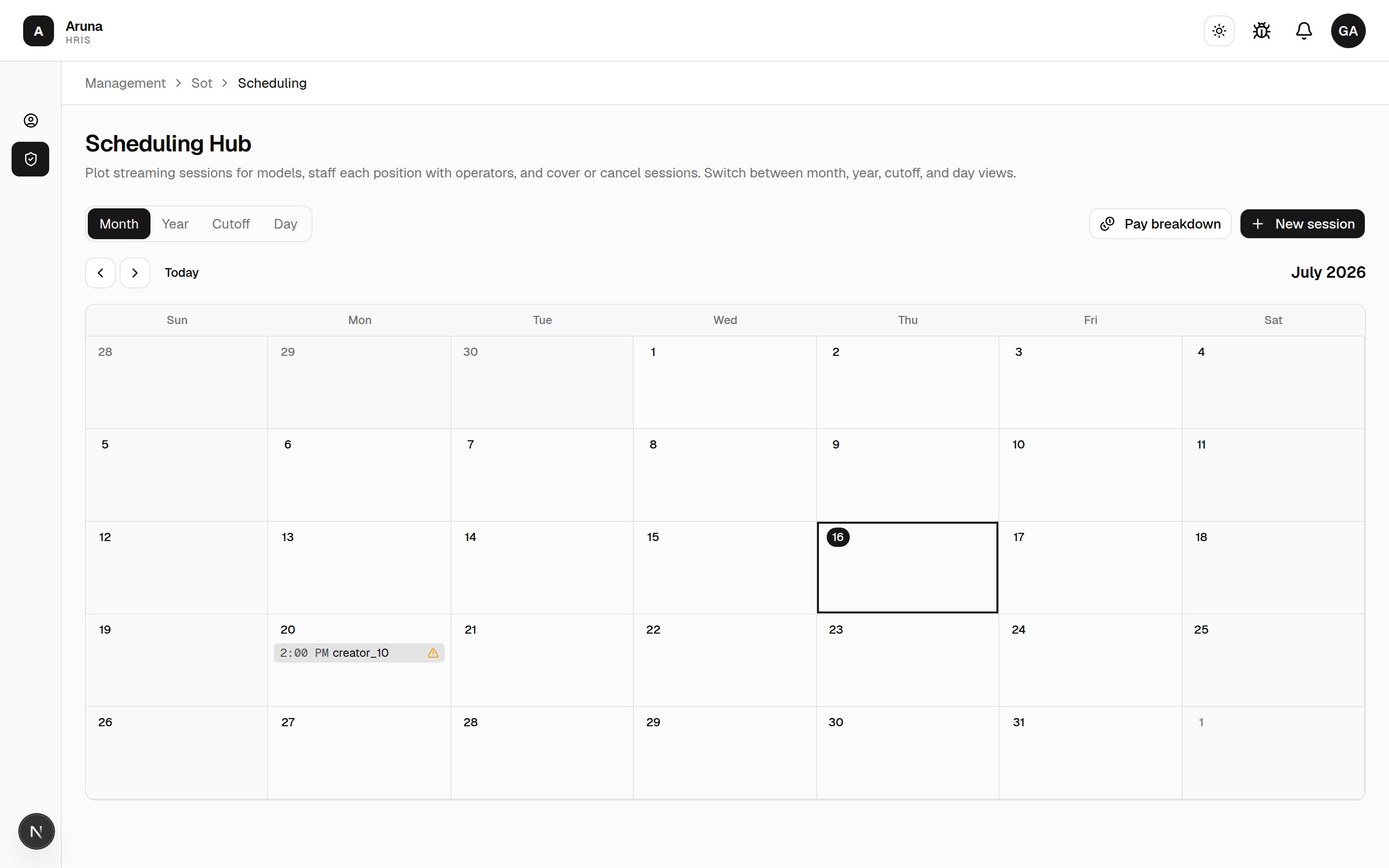 Scheduling Hub: Month / Year / Cutoff / Day views, calendar with today highlighted, and New session / Pay breakdown actions.
