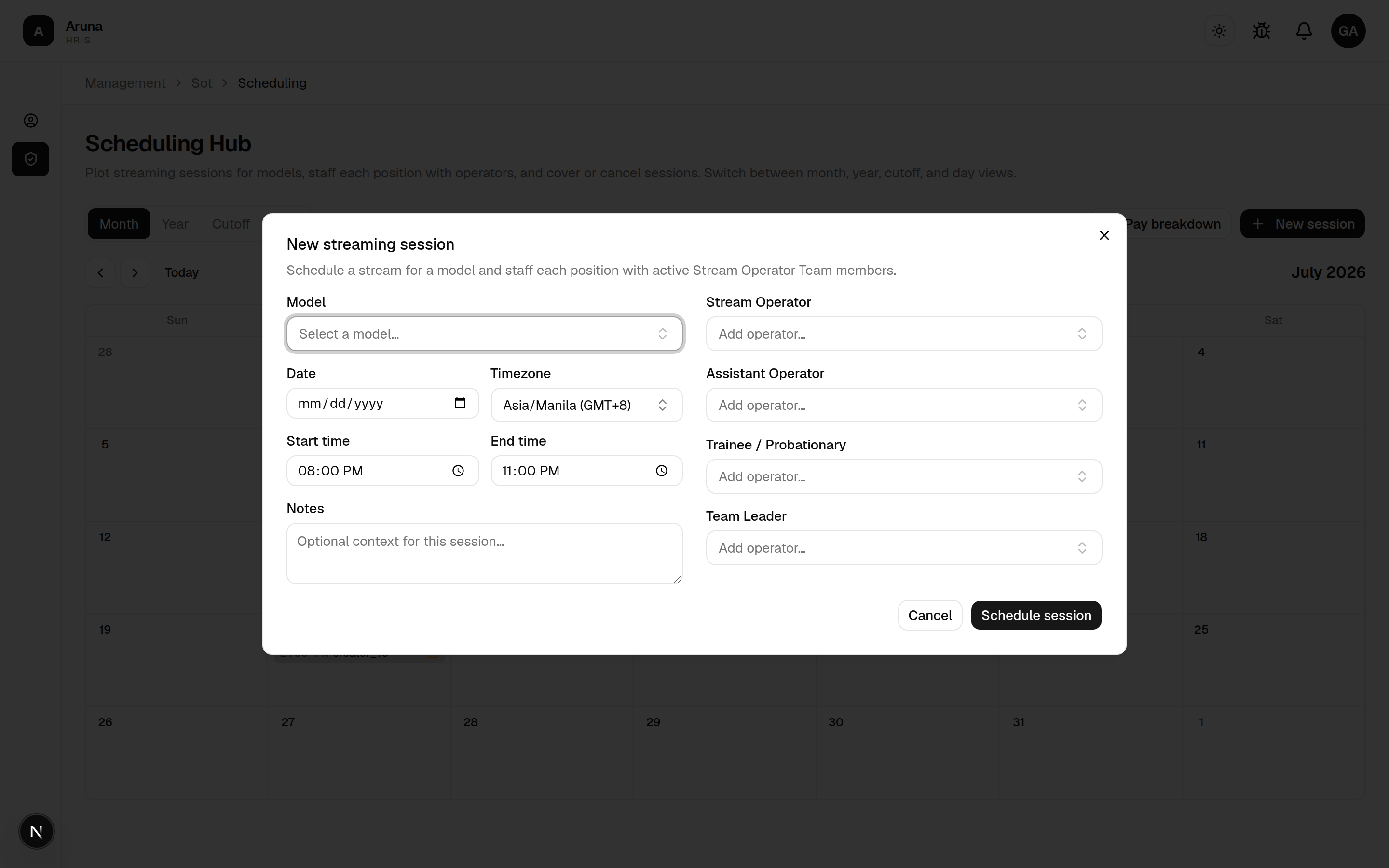 New streaming session dialog: model, date, timezone, start/end time, the four staffing positions, and notes.