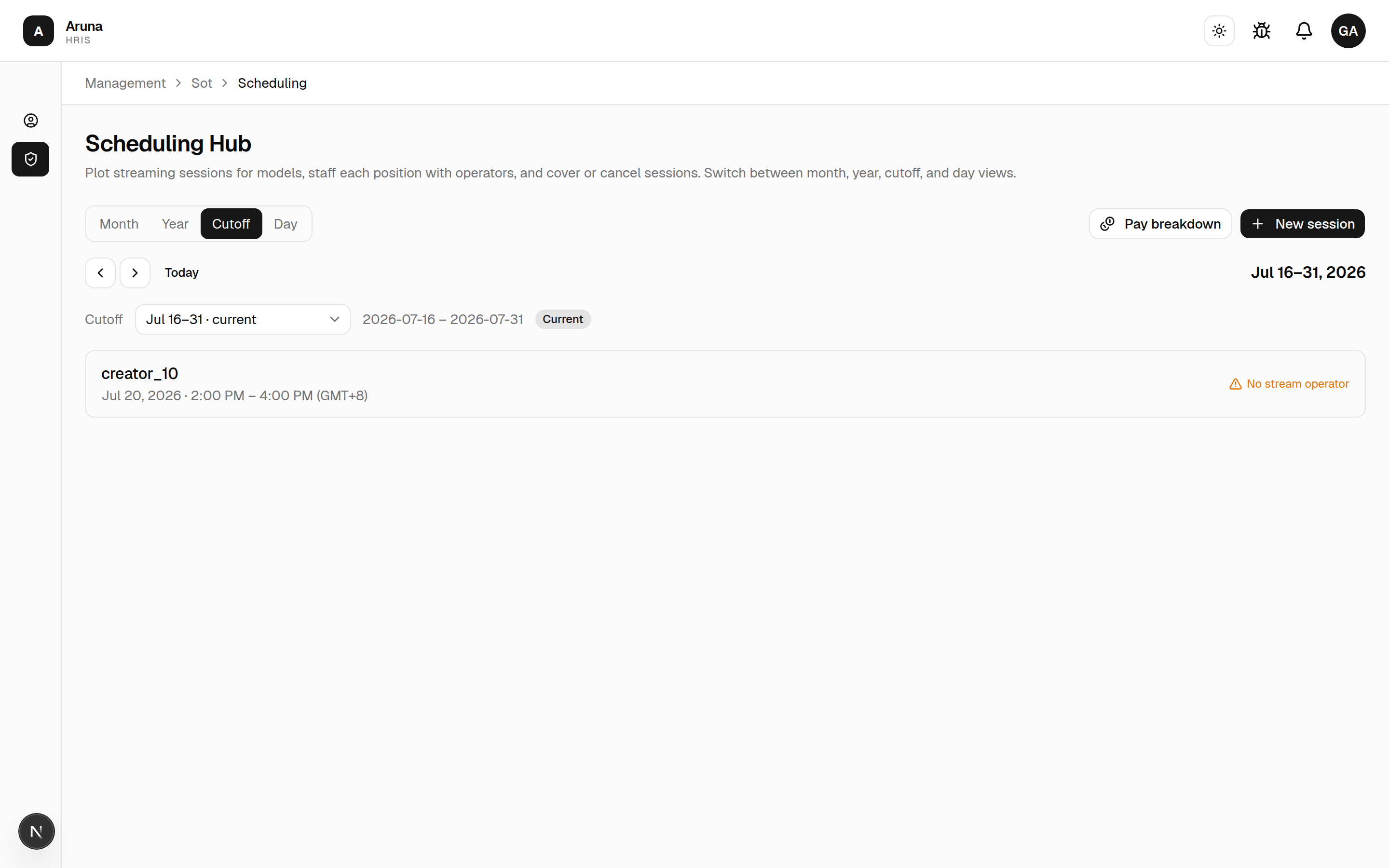 Scheduling Hub — Cutoff view, scoped to the current pay period.