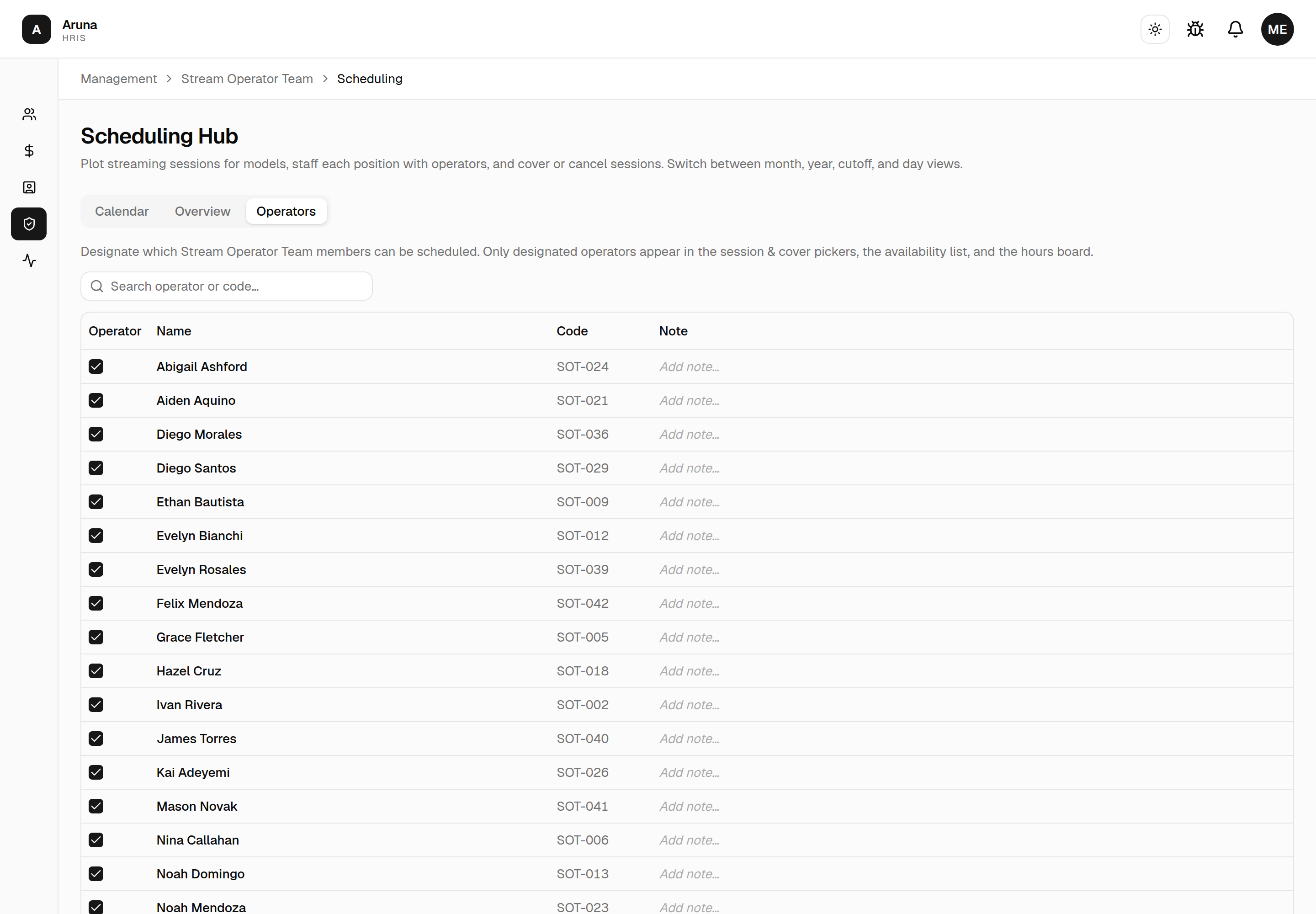 Operators tab: every SOT-department member with a designate checkbox, employee code, and an editable note.