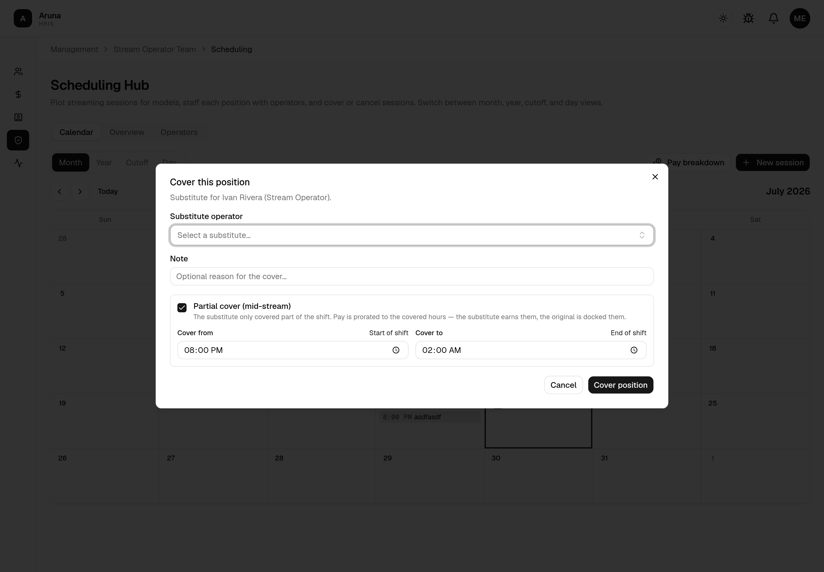 Cover this position dialog with Partial cover ticked: a Cover from / Cover to window with Start of shift and End of shift shortcuts.